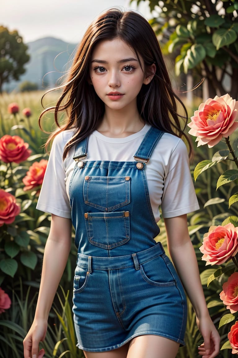 A masterpiece! Here's a photorealistic description:

A young, beautiful Vietnamese girl, Sugar babe, stands confidently in the midst of a lush grass field and vibrant flower field, her long, curly hair blowing gently in the wind. Her denim overalls and skirt flutter slightly as she holds a bouquet of pink flowers. Her 16-year-old face glows with a warm smile, ((nervous and embarrassed)), yet radiates an aura of confidence and charm. Her sharp-focused features include finely detailed eyes that sparkle with youthful energy. The sun casts a soft, golden light on her ultra-detailed, high-resolution skin, accentuating the texture of her real hands and delicate fingers grasping the bouquet. In the background, the horizon stretches out, meeting the wind-whipped petals in a perfect dynamic composition, inviting the viewer to step into this stunning scene.