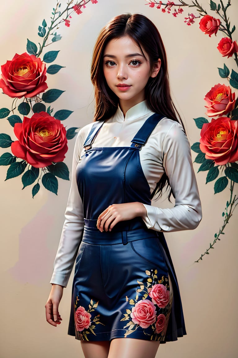 background is flower field,grass field,horizon,wind blowing,petals blowing,16 yo, 1 girl, beautiful girl,smile, wearing denim overalls skirt,long socks,standing on flower field,holding buquet, cowboy shot,very_long_hair, hair past hip, bangs, curly hair, realhands, masterpiece, Best Quality, 16k, photorealistic, ultra-detailed, finely detailed, high resolution, perfect dynamic composition, beautiful detailed eyes, ((nervous and embarrassed)), sharp-focus, full body shot,pink flower,flower.,Hyper,Attractive Vietnamese Girl,Sugar babe ,Young beauty spirit ,Daughter of Dragon God,Add Art more