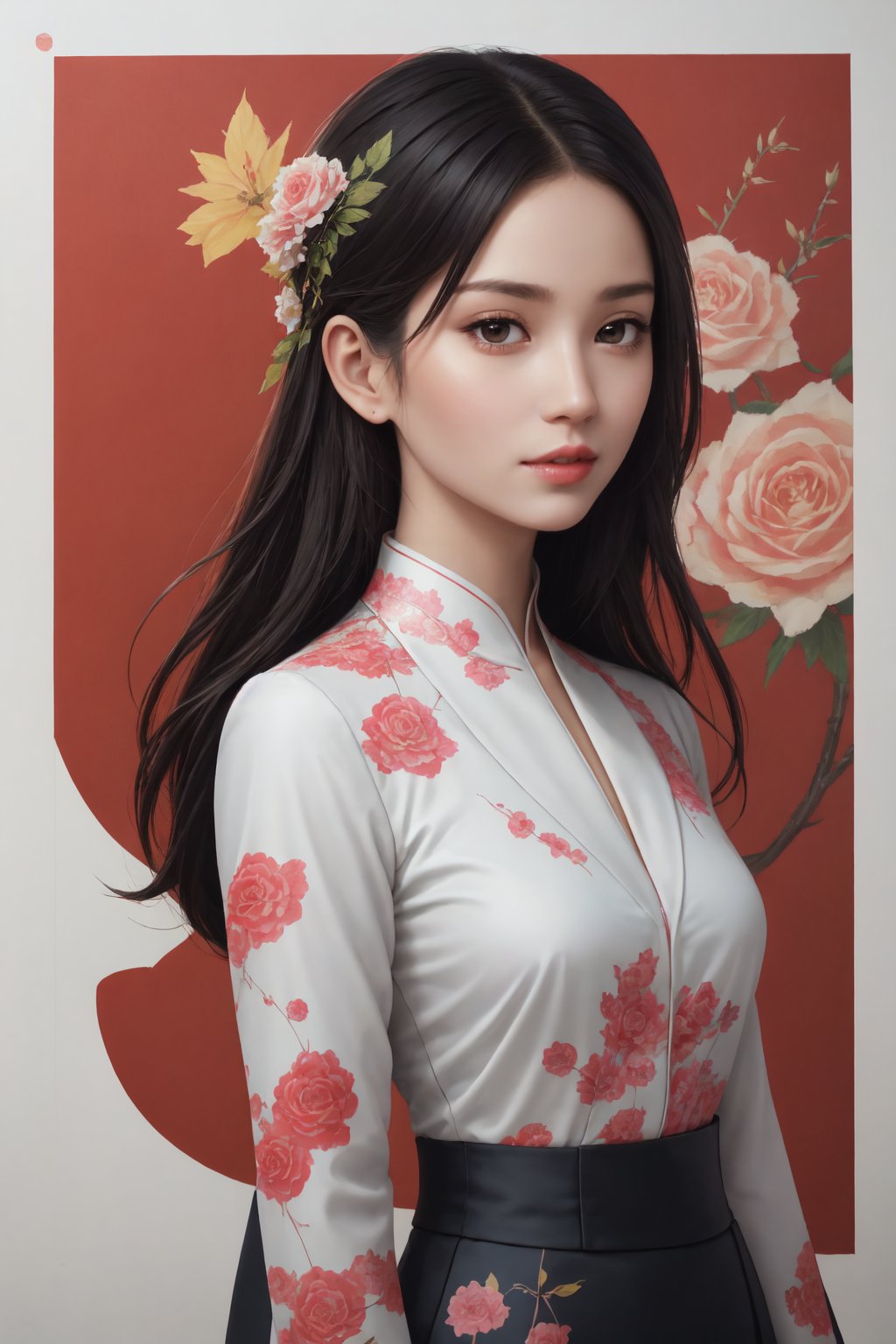 Create a modern-styled sketch portrait in silk textured paper of a gentle lady inspired by roses and love,  corporate outfit designed by Cong Tri,  utilizing the vibrant color palettes and sleek lines reminiscent of the works by Vietnamese contemporary underground talent artisti,  background is full of roses abstracts, chinese_painting, greg rutkowski,<lora:EMS-285198-EMS:0.300000>,<lora:EMS-73426-EMS:0.500000>,<lora:EMS-8552-EMS:0.800000>,<lora:EMS-284899-EMS:0.500000>