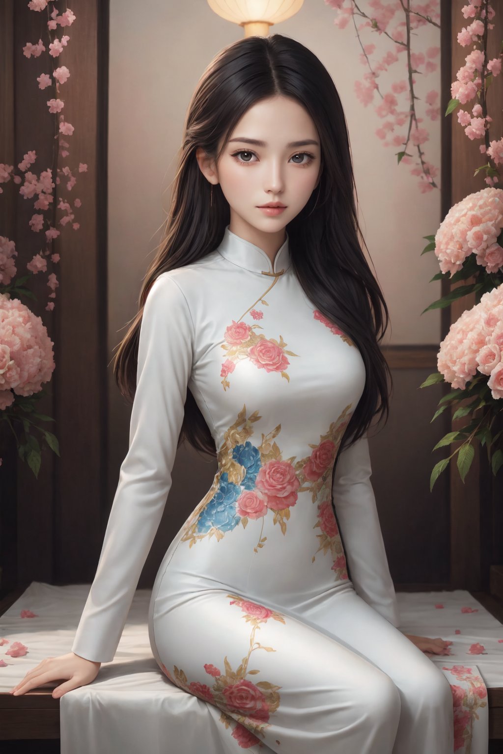 Create a modern-styled sketch portrait in silk textured paper of a gentle lady inspired by roses and love,  corporate outfit designed by Cong Tri,  utilizing the vibrant color palettes and sleek lines reminiscent of the works by Vietnamese contemporary underground talent artisti,  background is full of roses abstracts, chinese_painting, greg rutkowski, Daughter of Dragon God, Enhance, wgz_style, Timeless beauty, Young beauty spirit , wonder beauty , AIDA_LoRA_valenss, Eurasian,<lora:EMS-285198-EMS:0.300000>,<lora:EMS-73426-EMS:0.500000>,<lora:EMS-8552-EMS:0.800000>,<lora:EMS-284899-EMS:0.500000>