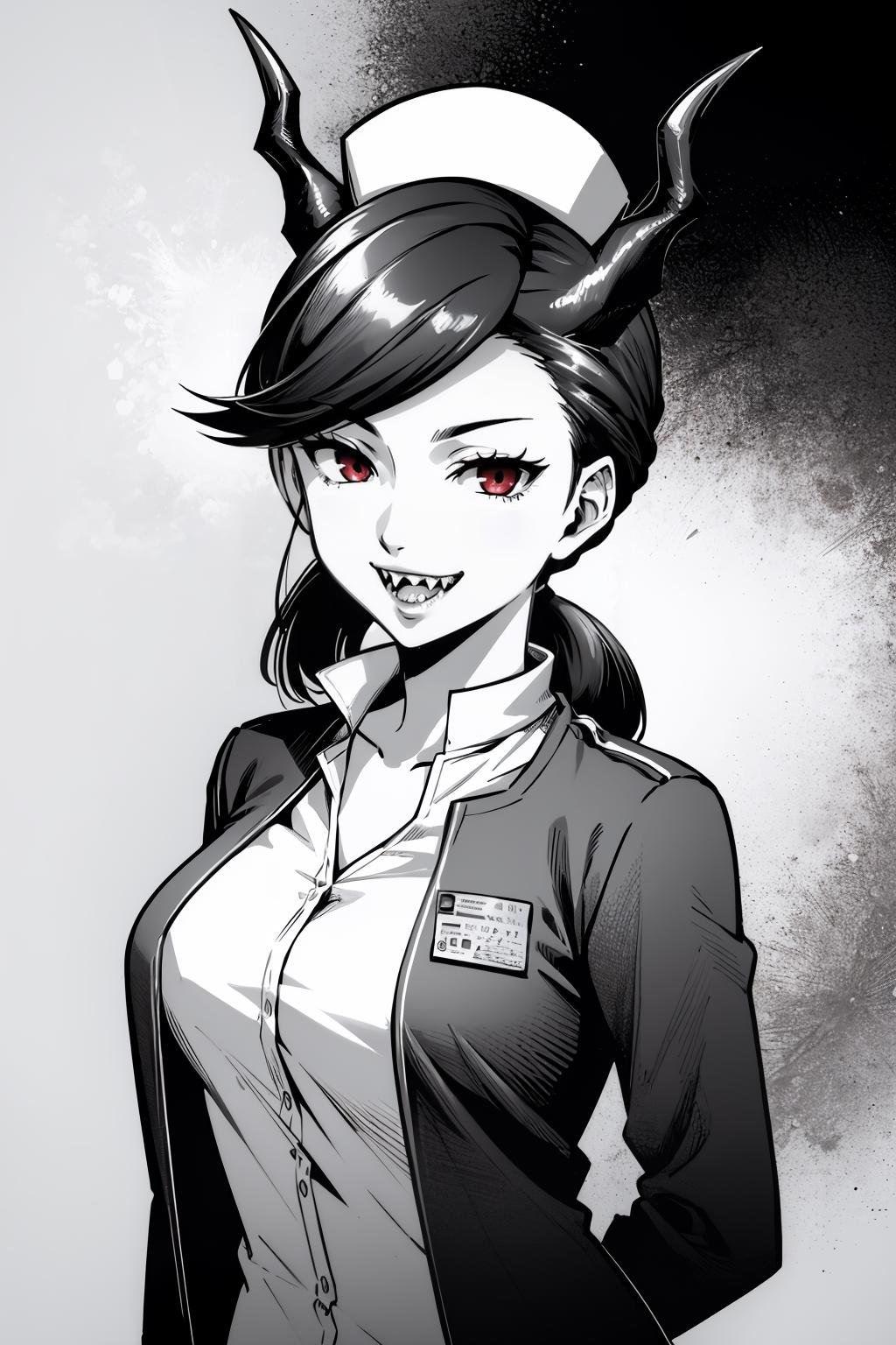 masterpiece, best quality, 1girl, solo, large breasts, looking at viewer, mature female, collarbone, <lora:sayokouehara-guy-v2:.9>, sayokouehara, ponytail, (demon horns, sharp teeth:1.2), monochrome, greyscale, nurse cap, nurse cap, cardigan, dress, red eyes