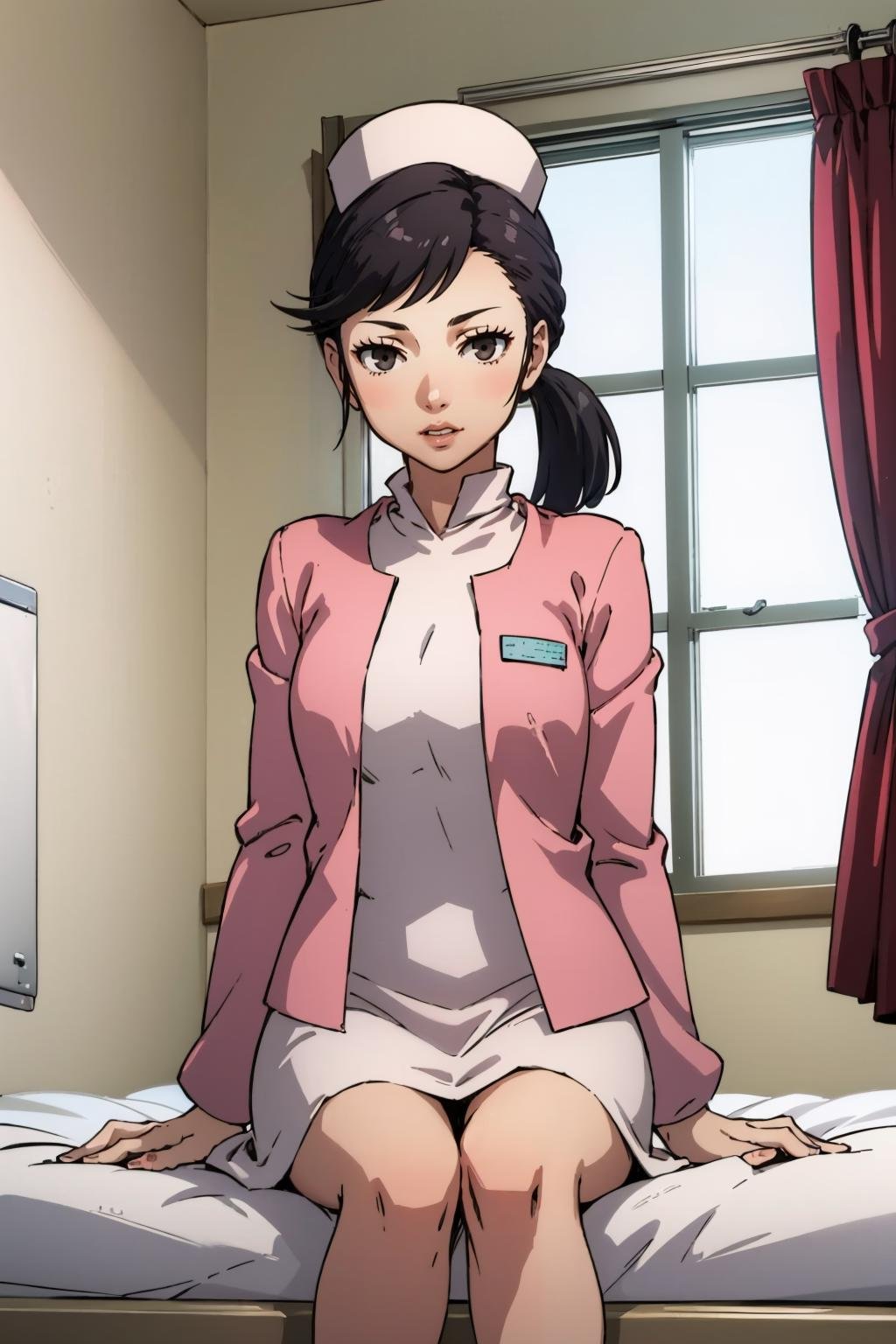 masterpiece, best quality, 1girl, solo, looking at viewer, breasts, <lora:sayokouehara-guy-v2:1>, sayokouehara, ponytail, black eyes, nurse cap, nurse, pink cardigan, collared dress, white dress, hospital bed, window, curtains, sitting, 