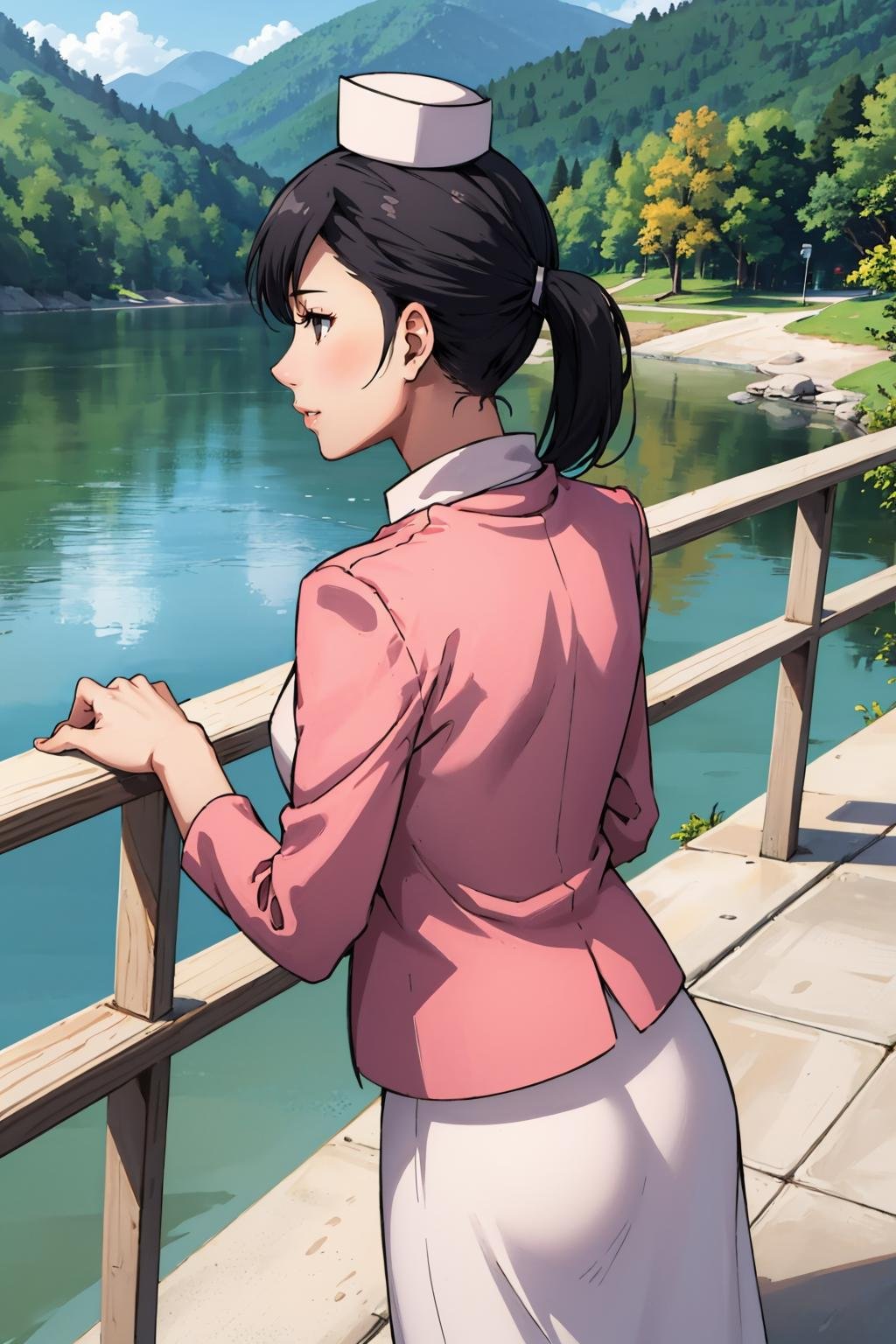 masterpiece, best quality, 1girl, solo, breasts, <lora:sayokouehara-guy-v2:1>, sayokouehara, ponytail, nurse cap, nurse, pink cardigan, collared dress, white dress, lake, railing, leaning forward, from behind, 