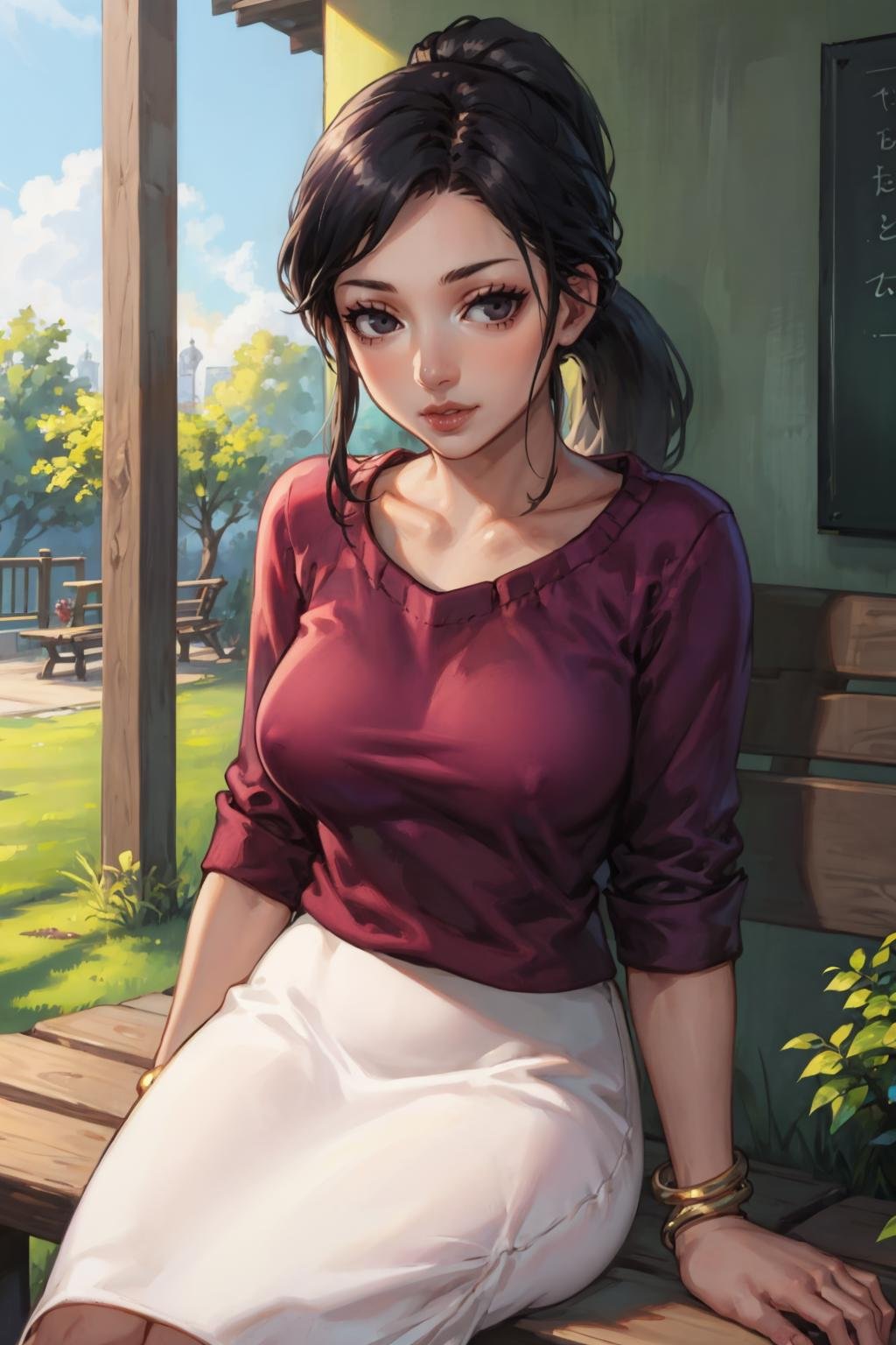 masterpiece, best quality, 1girl, solo, large breasts, looking at viewer, mature female, collarbone, <lora:sayokouehara-guy-v2:.95>, sayokouehara, black eyes, ponytail, park, sitting, bench, purple sweater, bracelet, white skirt, outdoors