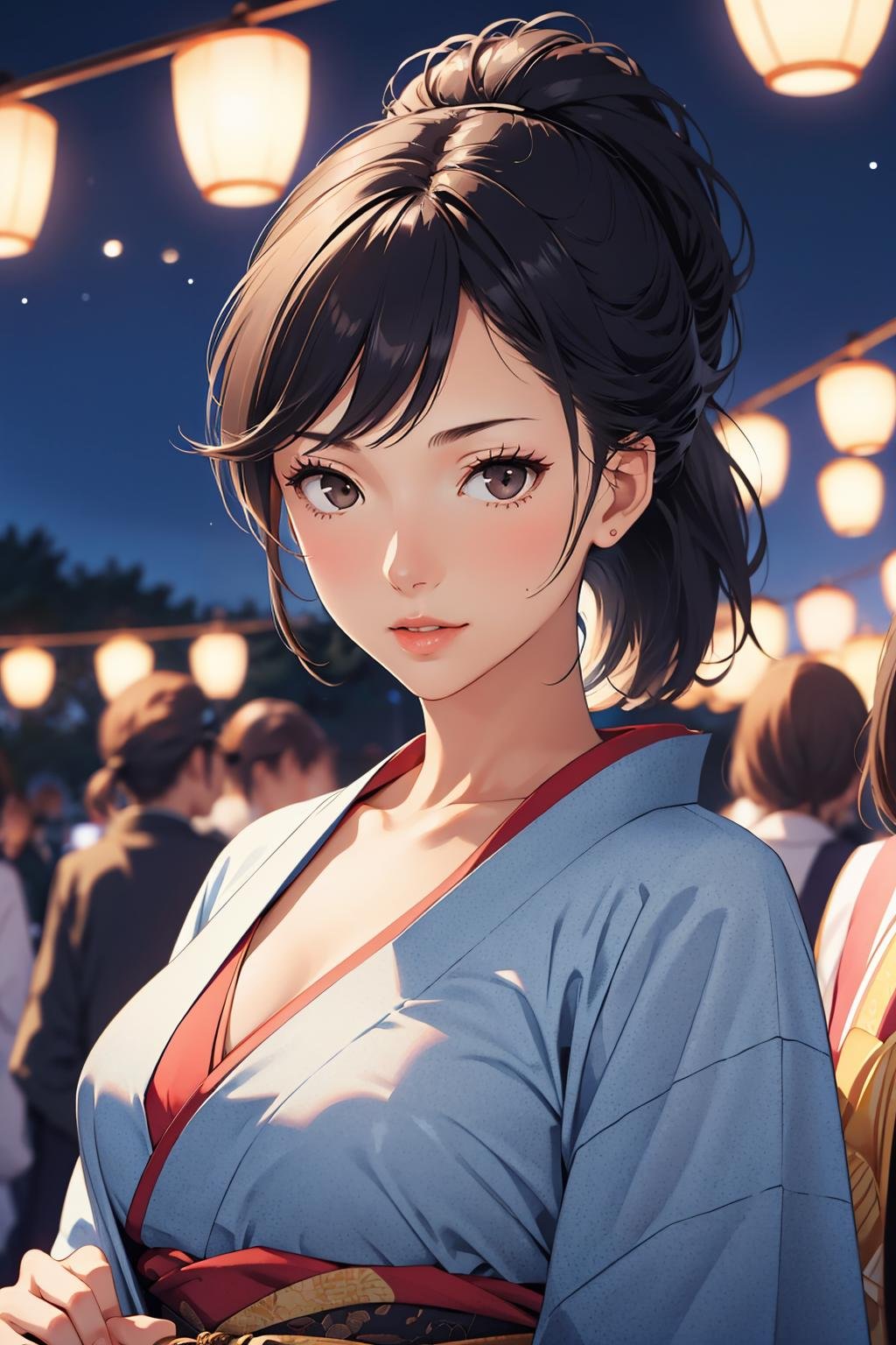 masterpiece, best quality, 1girl, solo, large breasts, looking at viewer, mature female, collarbone, <lora:sayokouehara-guy-v2:.95>, sayokouehara, black eyes, ponytail, kimono, night sky, festival, 