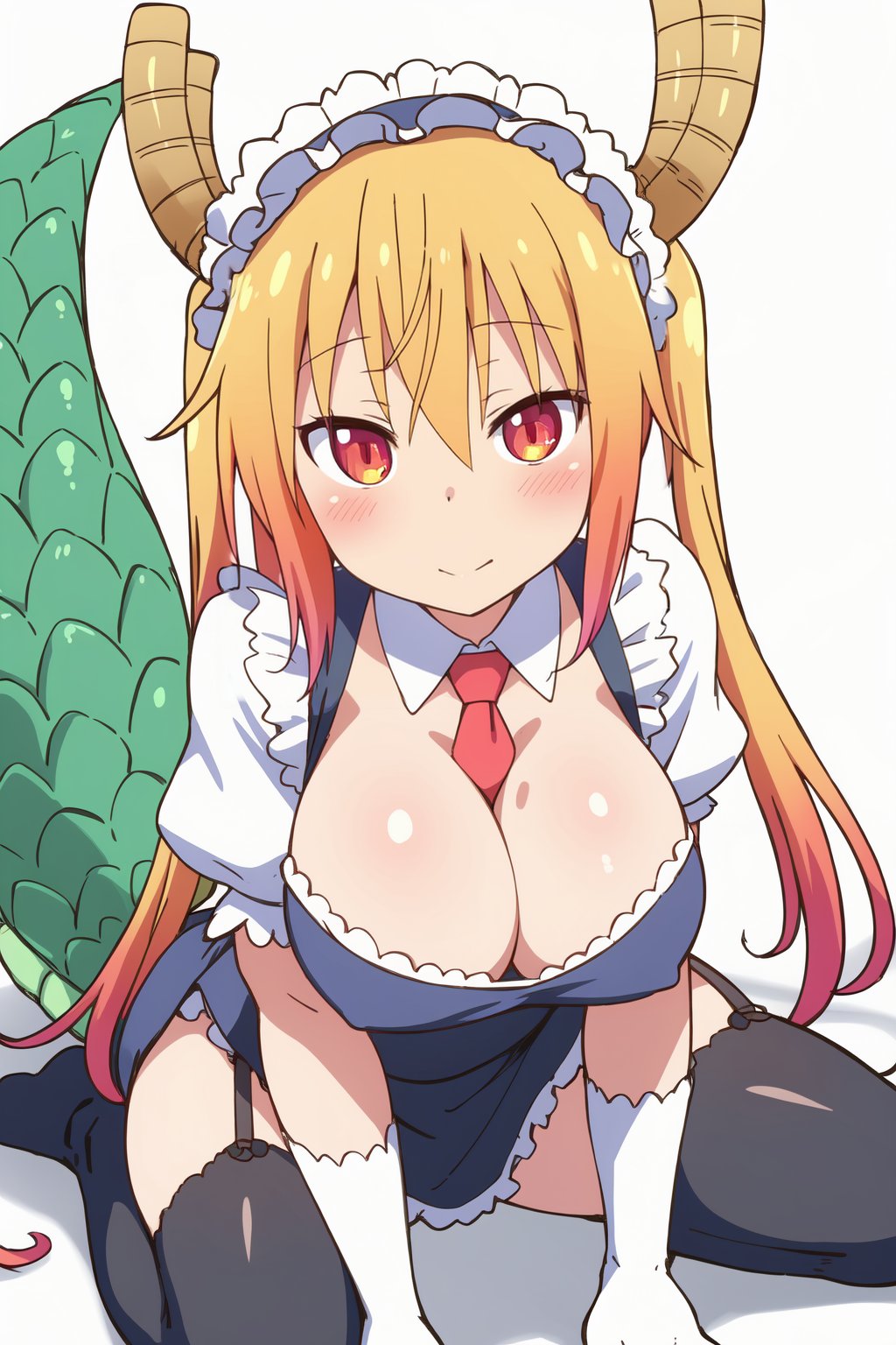 <lora:TooruV1:0.7>Tooru, 1girl, black_legwear, breasts, cleavage, dragon_girl, dragon_horns, dragon_tail, garter_straps, gloves, horns, large_breasts, large_tail, long_hair, looking_at_viewer, maid, maid_headdress, one_eye_closed, red_eyes, scales, simple_background, slit_pupils, solo, tail, thighhighs, tohru_\(maidragon\), twintails, white_background