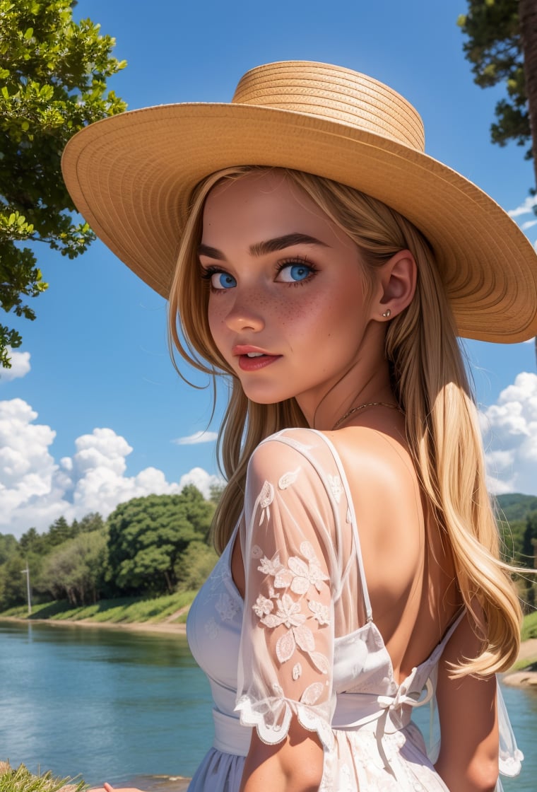 upper body portrait of a 19th century little girl, angelic face, freckles, mole, thick eyebrows, very long blonde hair, bun, blue eyes, criss-cross hairstyle, wearing a white floral dress and a hat canotier, on the coast of a river, sky clouds, trees nature, Canotier, (looking back, lookking at viewer),realistic