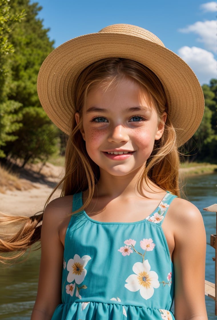 upper body portrait of a 19th century little girl, angelic face, freckles, mole, thick eyebrows, very long blonde hair, bun, blue eyes, criss-cross hairstyle, wearing a white floral dress and a hat canotier, on the coast of a river, sky clouds, trees nature, Canotier,realistic