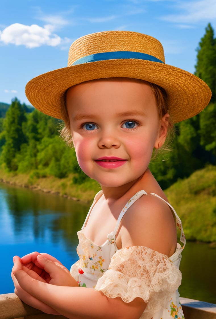 portrait of a 19th century little girl, angelic face, freckles, mole, thick eyebrows, very long blonde hair, bun, blue eyes, criss-cross hairstyle, wearing a white  floral dress and a hat canotier, on the coast of a river, sky clouds, trees nature, Canotier, (looking back,lookking at viewer),realistic