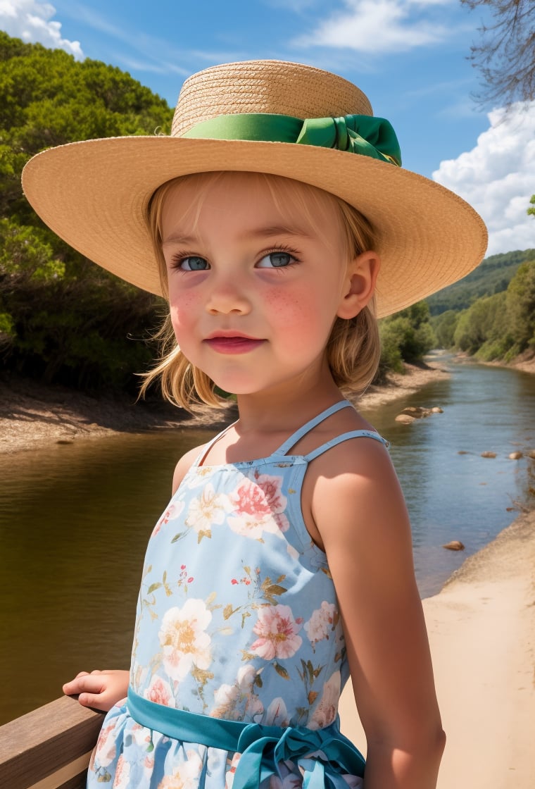 portrait of a 19th century little girl, angelic face, freckles, mole, thick eyebrows, very long blonde hair, bun, blue eyes, criss-cross hairstyle, wearing a white  floral dress and a hat canotier, on the coast of a river, sky clouds, trees nature, Canotier, (looking back,lookking at viewer),realistic