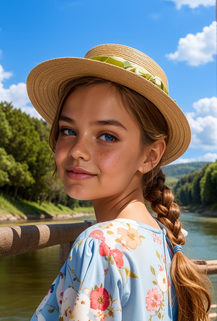 upper body portrait of a 19th century little girl, angelic face, freckles, mole, thick eyebrows, very long blonde hair, bun, blue eyes, criss-cross hairstyle, wearing a white floral dress and a hat canotier, on the coast of a river, sky clouds, trees nature, Canotier, (looking back, lookking at viewer),realistic