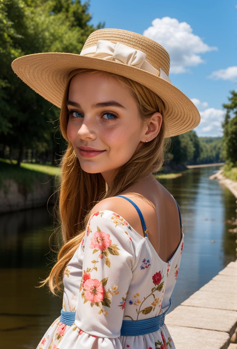 upper body portrait of a 19th century little girl, angelic face, freckles, mole, thick eyebrows, very long blonde hair, bun, blue eyes, criss-cross hairstyle, wearing a white floral dress and a hat canotier, on the coast of a river, sky clouds, trees nature, Canotier, (looking back, lookking at viewer),realistic