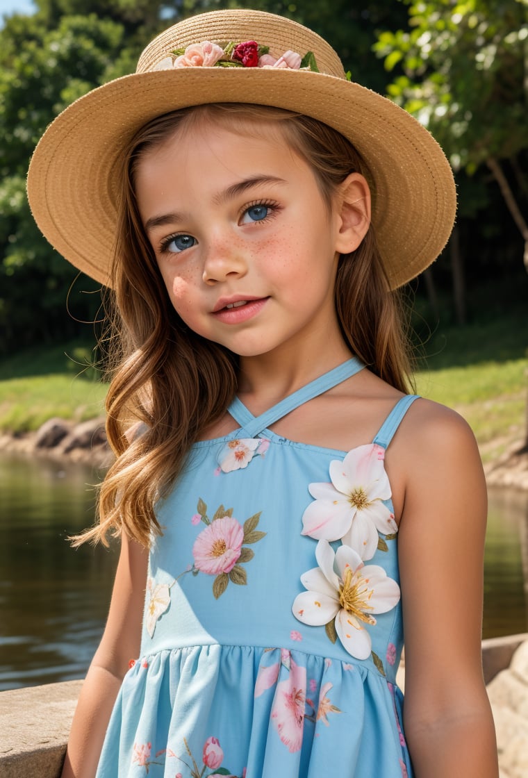 upper body portrait of a 19th century little girl, angelic face, freckles, mole, thick eyebrows, very long blonde hair, bun, blue eyes, criss-cross hairstyle, wearing a white floral dress and a hat canotier, on the coast of a river, sky clouds, trees nature, Canotier,realistic