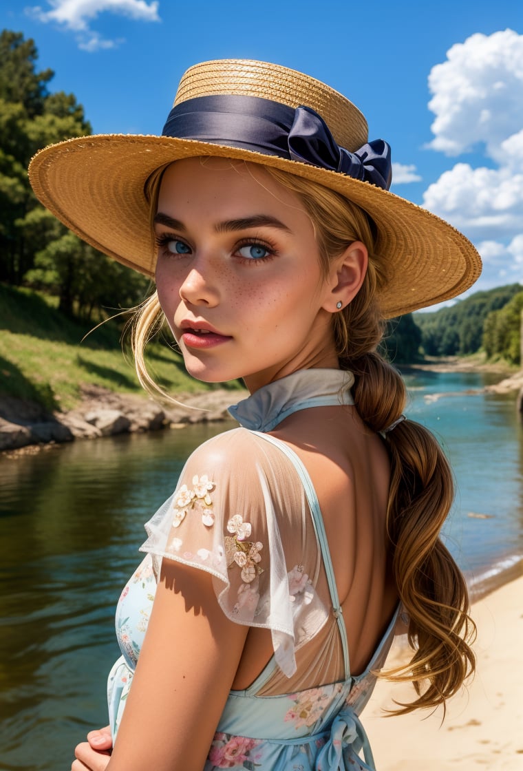 upper body portrait of a 19th century little girl, angelic face, freckles, mole, thick eyebrows, very long blonde hair, bun, blue eyes, criss-cross hairstyle, wearing a white  floral dress and a hat canotier, on the coast of a river, sky clouds, trees nature, Canotier, (looking back,lookking at viewer),realistic