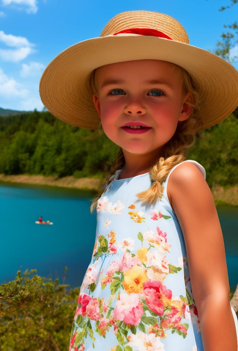 portrait of a 19th century little girl, angelic face, freckles, mole, thick eyebrows, very long blonde hair, bun, blue eyes, criss-cross hairstyle, wearing a white  floral dress and a hat canotier, on the coast of a river, sky clouds, trees nature, Canotier, (looking back,lookking at viewer),realistic