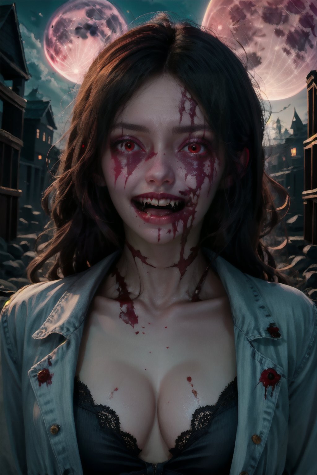 1girl,solo,long hair,breasts,looking at viewer,smile,open mouth,black hair,red eyes,cleavage,collarbone,jacket,upper body,outdoors,sky,teeth,blood,night,fangs,hair intakes,moon,full moon,blood on face,vampire,horror (theme),guro
