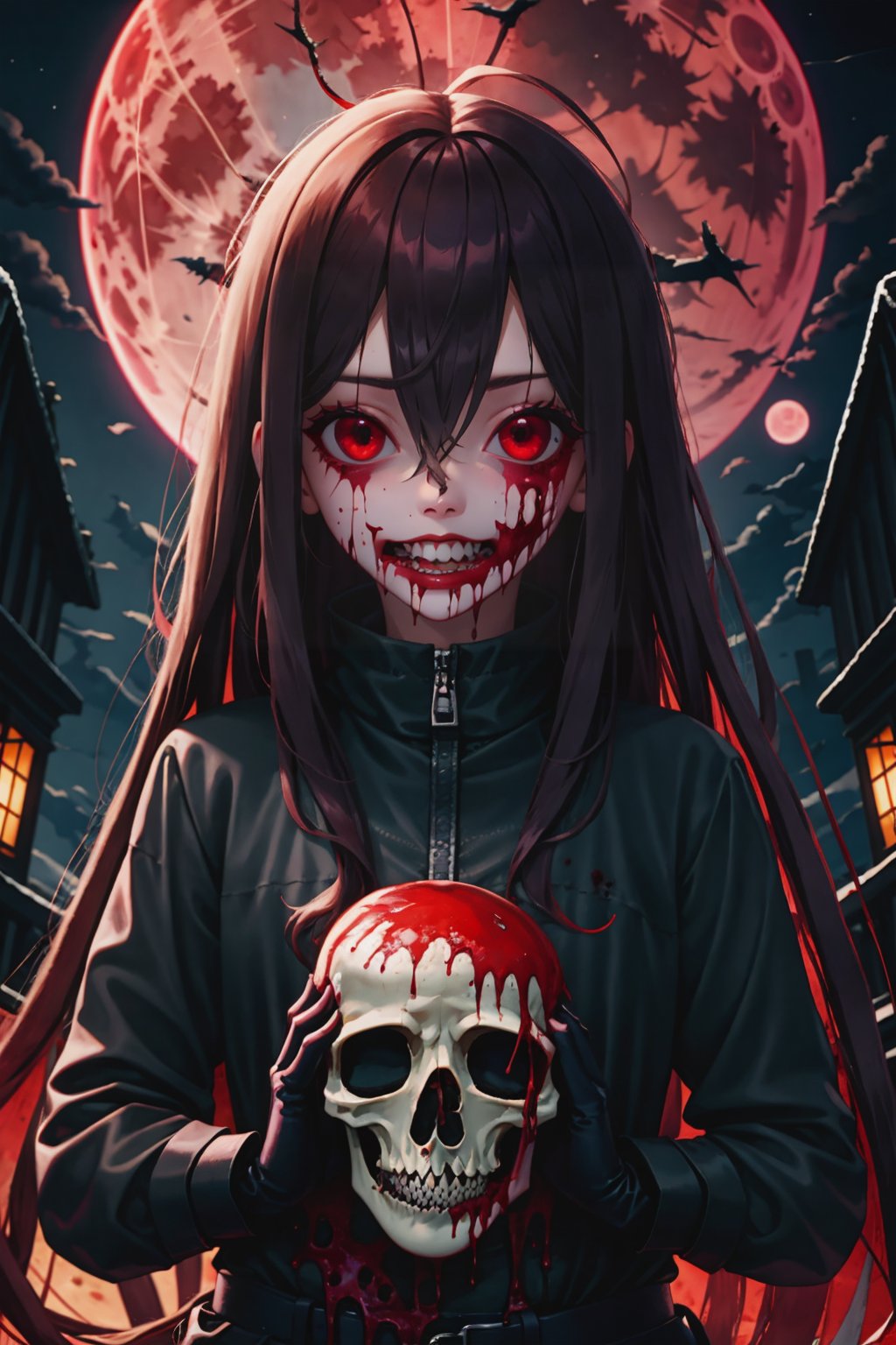 1girl,solo,long hair,looking at viewer,bangs,red eyes,gloves,holding,hair between eyes,very long hair,upper body,outdoors,sky,teeth,black gloves,blood,night,moon,full moon,colored sclera,skull,blood on face,black sclera,red moon,horror (theme)
