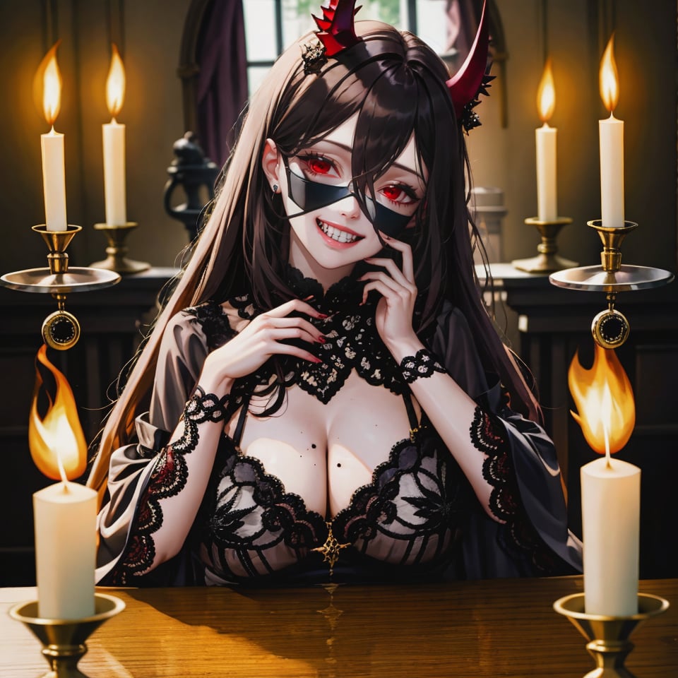 1girl,solo,long hair,breasts,looking at viewer,smile,bangs,black hair,red eyes,long sleeves,dress,hair between eyes,upper body,frills,horns,teeth,indoors,wide sleeves,mole,grin,fingernails,head tilt,mask,table,fire,demon horns,lace trim,mole under mouth,lace,candle,candlestand,lace-trimmed sleeves,power (chainsaw man)
