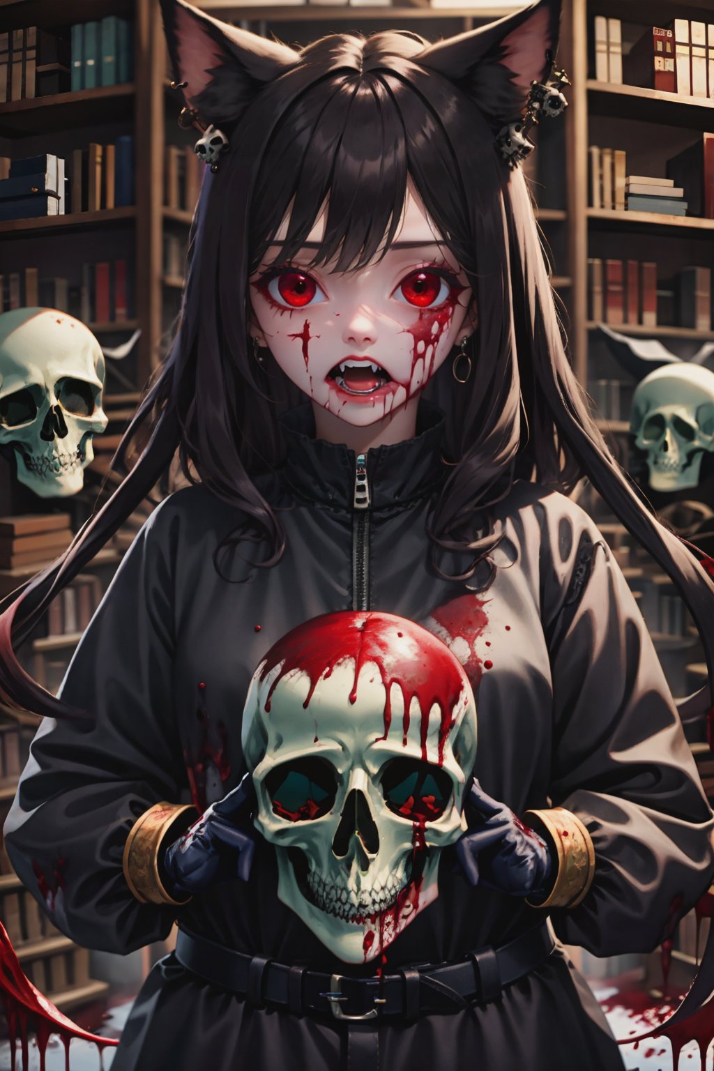 1girl,long hair,looking at viewer,open mouth,bangs,black hair,red eyes,gloves,long sleeves,holding,animal ears,jewelry,upper body,earrings,teeth,solo focus,black gloves,cat ears,book,blood,fangs,piercing,skull,blood on face,bookshelf,blood on clothes,holding skull
