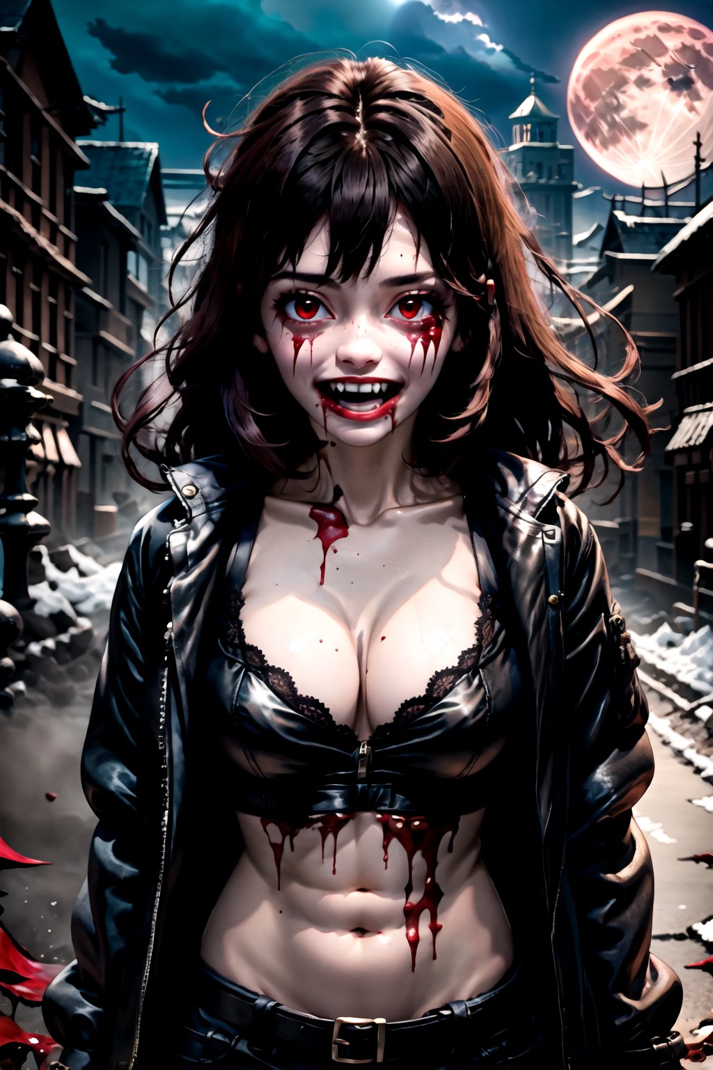 1girl,solo,long hair,breasts,looking at viewer,smile,open mouth,black hair,red eyes,cleavage,collarbone,jacket,upper body,outdoors,sky,teeth,blood,night,fangs,hair intakes,moon,full moon,blood on face,vampire,horror (theme),guro
