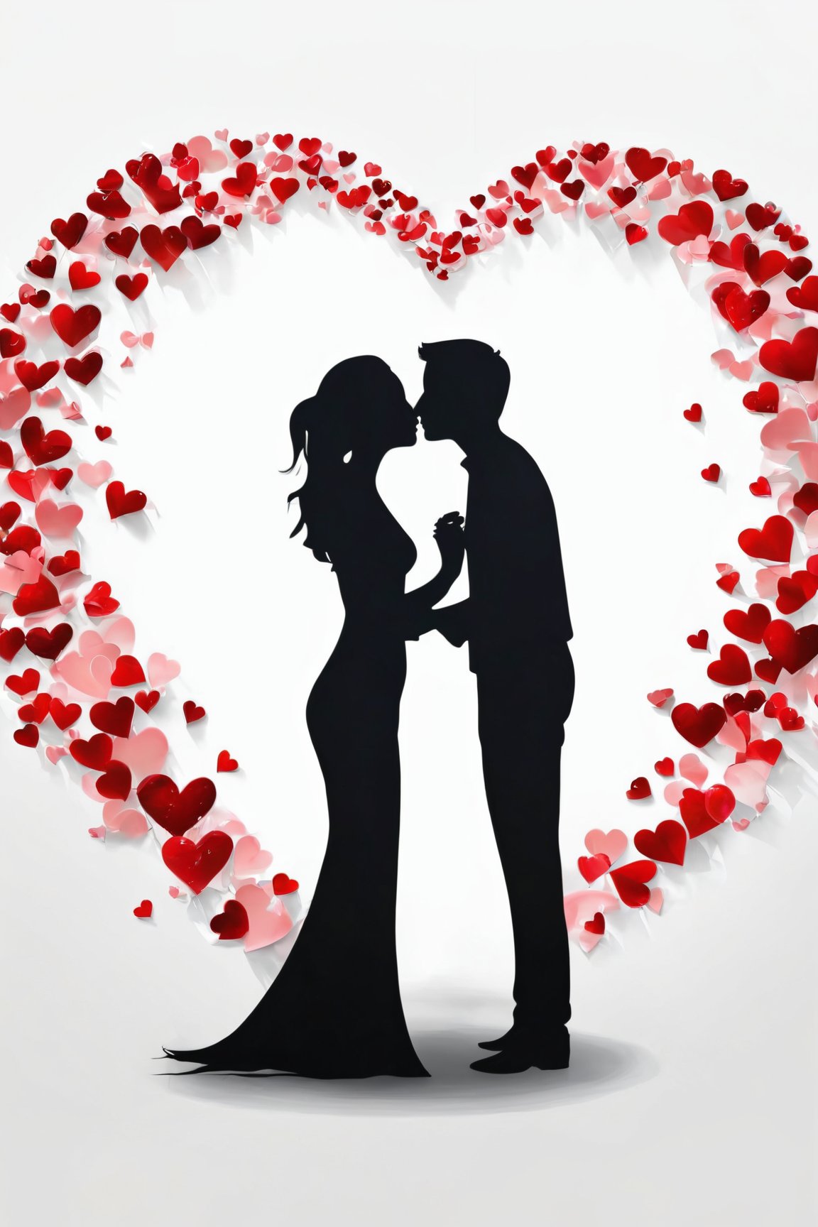 (best quality, 8K, highres, masterpiece), ultra-detailed, AiArtV Valentine's Day theme featuring 1 girl and 1 boy. The composition is set against a stark white background, emphasizing the simplicity and purity of the scene. Central to the image is a heart shape, creatively formed by the shadows of the two figures under, suggesting a moment of intimacy and connection. The figures themselves are presented as silhouettes, capturing the universal language of love through their posture and the imminent kiss, symbolizing a timeless moment of romance. The use of yuri elements adds a layer of depth and diversity, celebrating love in its many forms. This artwork aims to convey the essence of Valentine's Day—love, connection, and the beauty of shared moments
