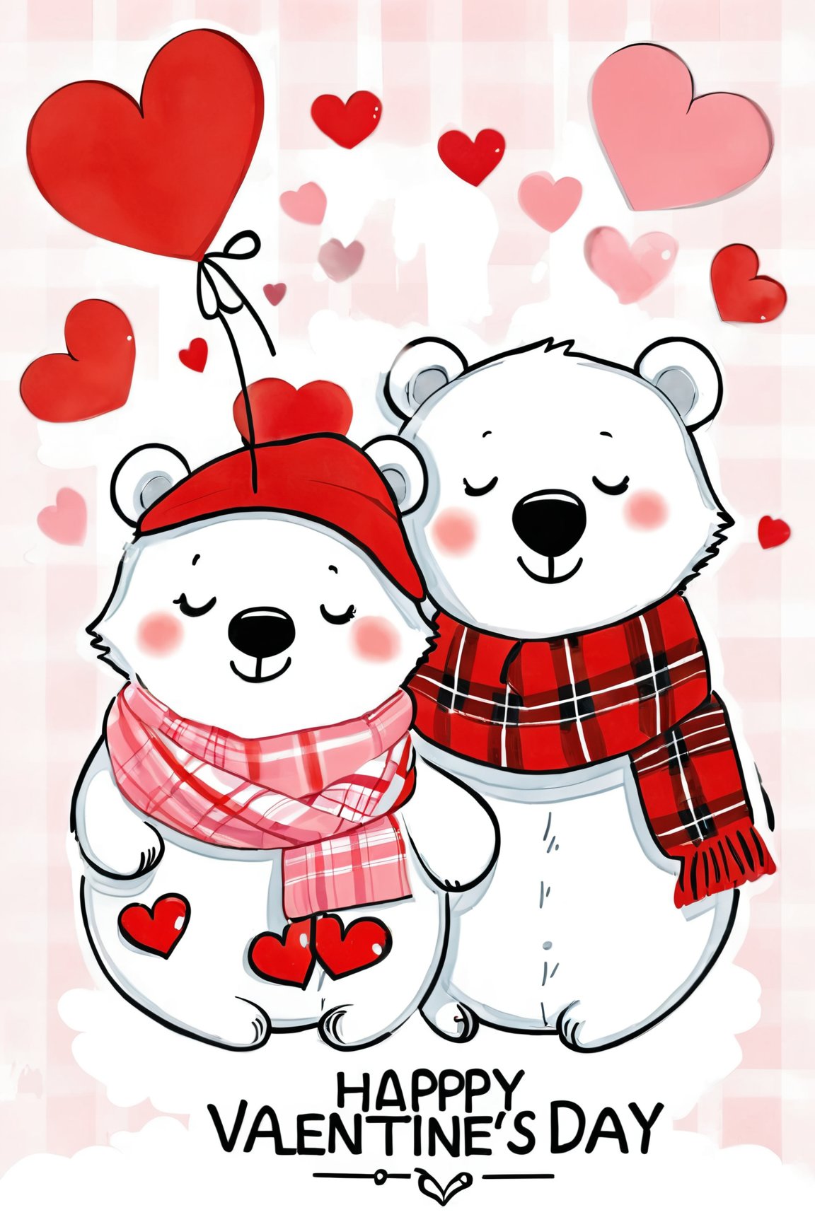 AiArtV,Valentines Day, smile,simple background,white background,closed eyes,heart,scarf,plaid,no humans,^_^,animal,blush stickers,red scarf,plaid scarf,bear,shared clothes,polar bear