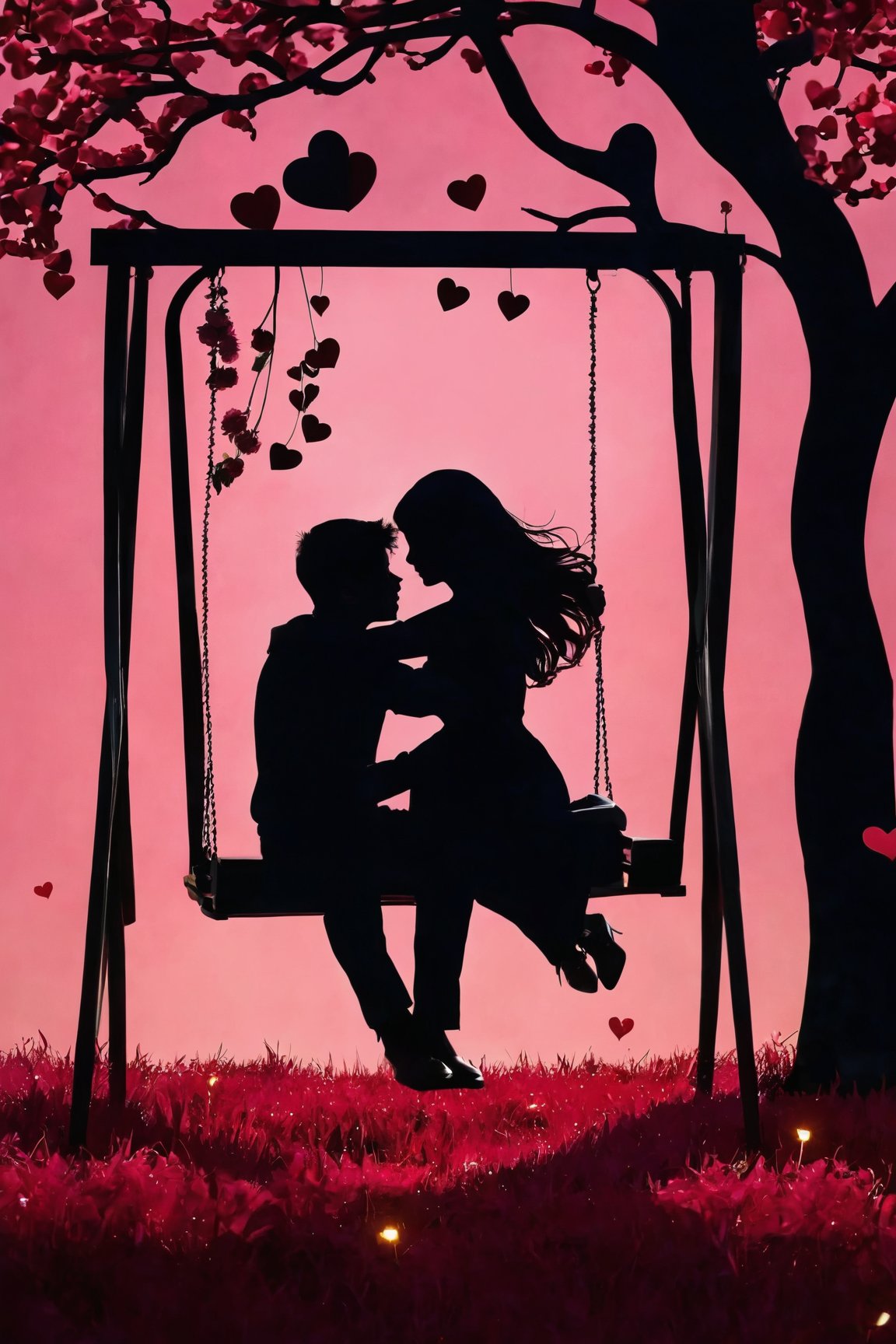 AiArtV, Valentines Day, 1girl, 1boy, sitting, flower, hetero, heart, tree, chair, grass, couple, silhouette, swing