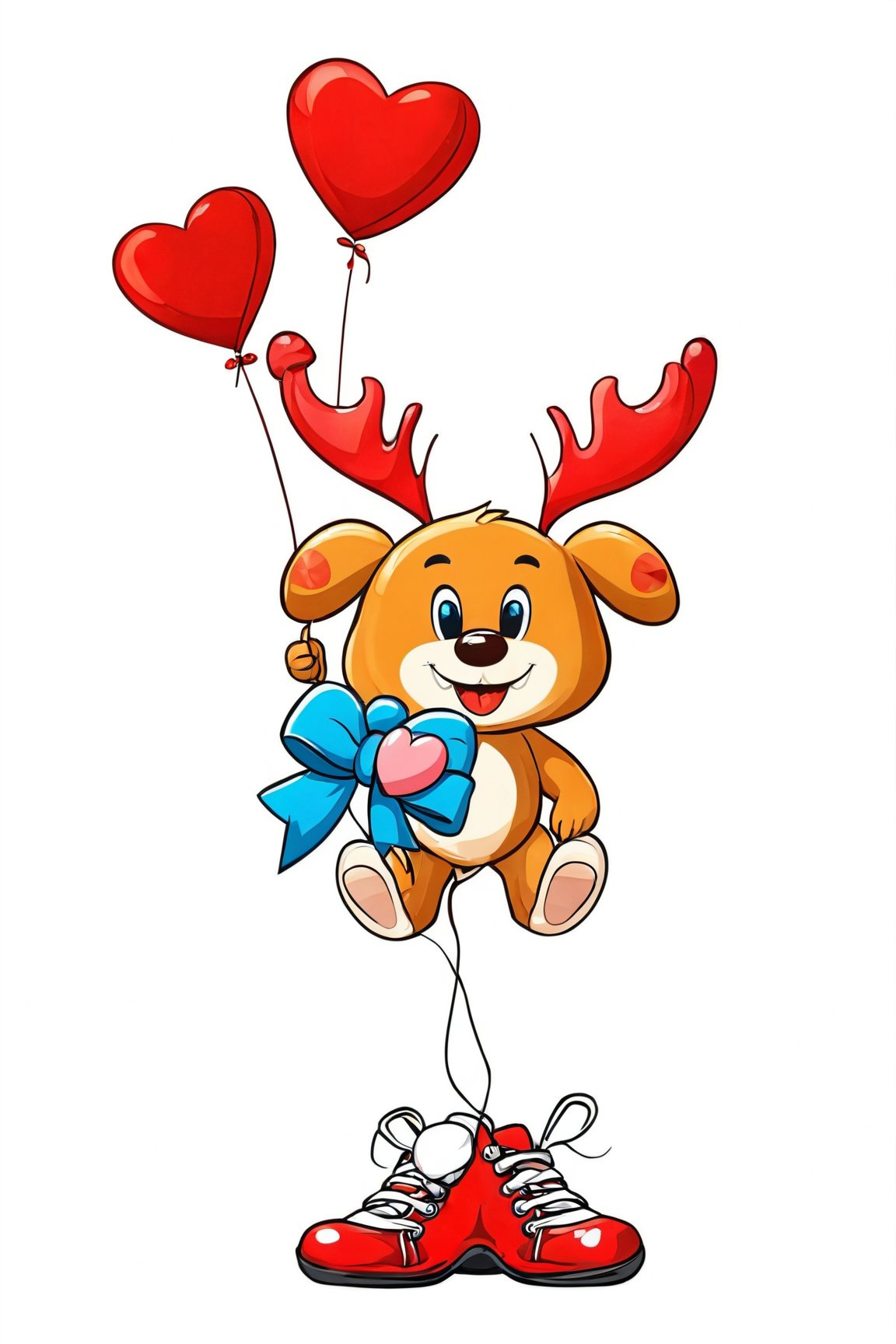 AiArtV,Valentines Day, solo,smile,open mouth,simple background,white background,bow,holding,standing,full body,food,shoes,teeth,no humans,v,red footwear,sneakers,balloon,what,mascot
