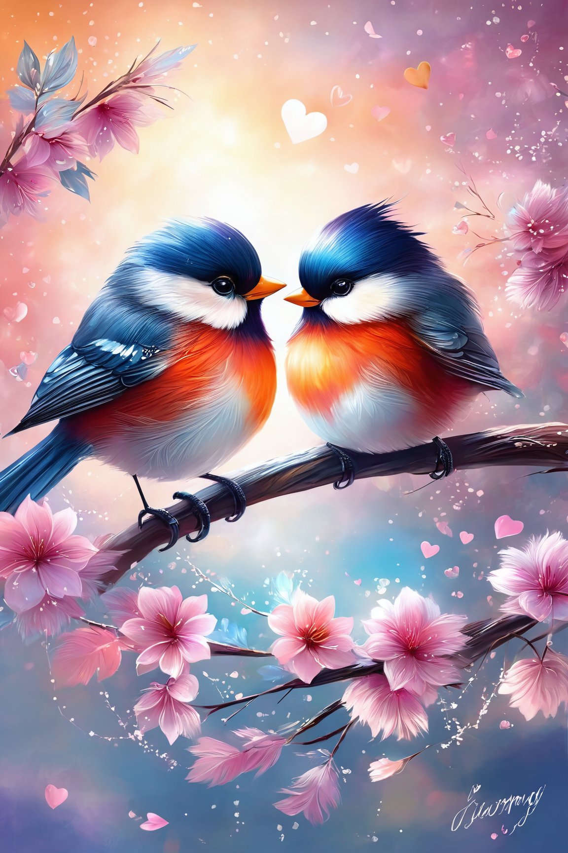 AiArtV,valentines day,(highres,masterpiece:1.2), romantic Valentine's Day scene, two beautiful birds, vibrant colors, fine brush strokes, detailed feathers, lovely setting, soft lighting, dreamy atmosphere, heart-shaped decorations, blossoming flowers, love in the air, tender moment, delicate branches, subtle textures, artistic composition, charming background, graceful movement, intertwined wings, deep connection, eternal love, whimsical touch, magical ambiance, sweet melodies, enchanting love story, captivating energy, joyful celebration, everlasting bond, fluttering hearts, serenade of love, cherished memories, pure affection, passionate embrace, radiant happiness, heartwarming connection, timeless beauty, mesmerizing artistry, celestial love, infinite possibilities, divine romance, enchanting melodies, eternal promise.
