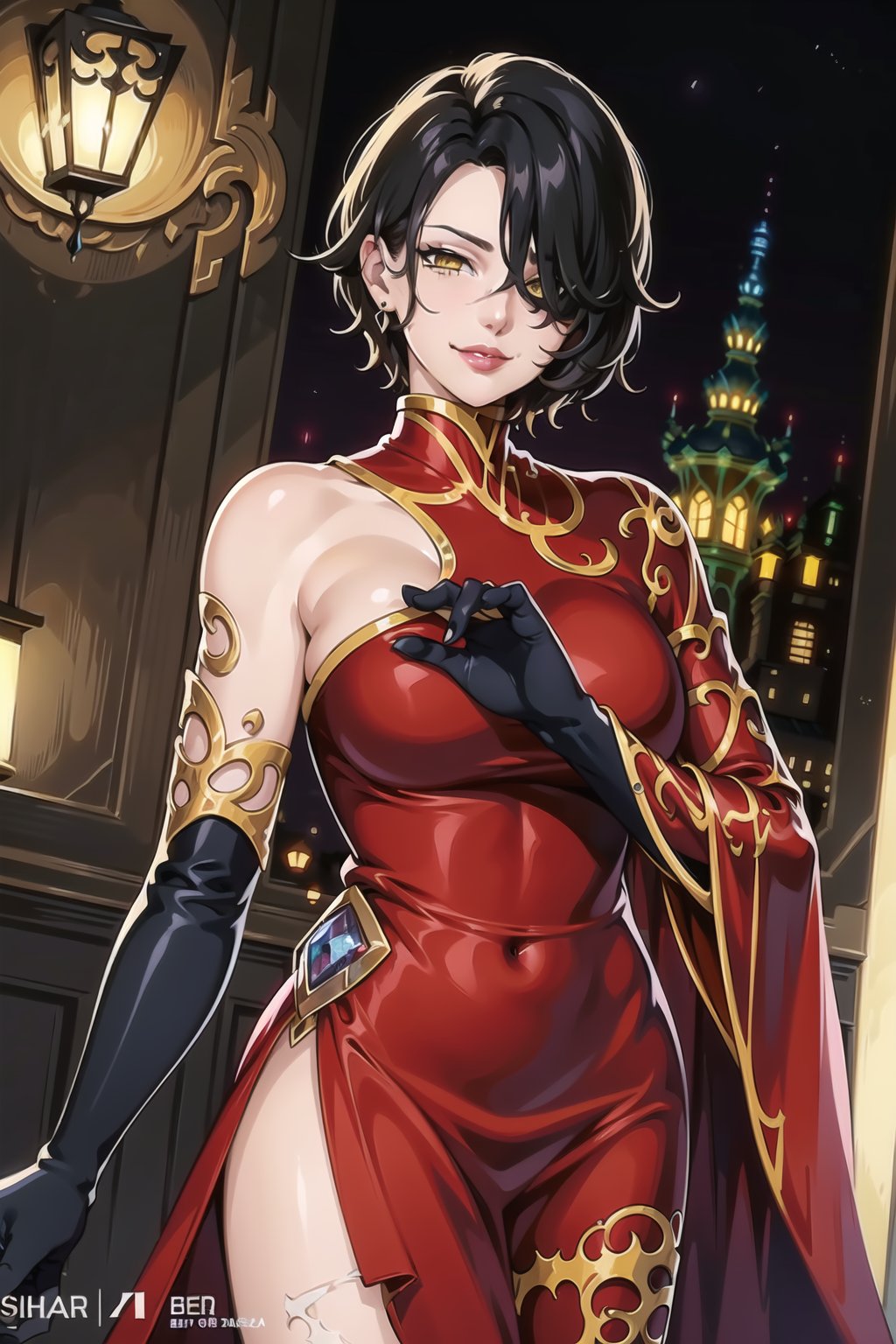 (best quality), (highly detailed), masterpiece, (official art), (dutch angle:1.2),cinder fall, short hair, black hair, yellow eyes, hair over one eye, scar on face, scar on nose, scar across eye, (yellow eyes:1.3), , lips, ( evil smile:1.2), lips:1.3, (((red china dress, left sleeve, black gloves))), looking at viewer, china, asiática, city, night, sky,  (intricately detailed, hyperdetailed), blurry background,depth of field, best quality, masterpiece, intricate details, tonemapping, sharp focus, hyper detailed, trending on Artstation,1 girl, high res, official art