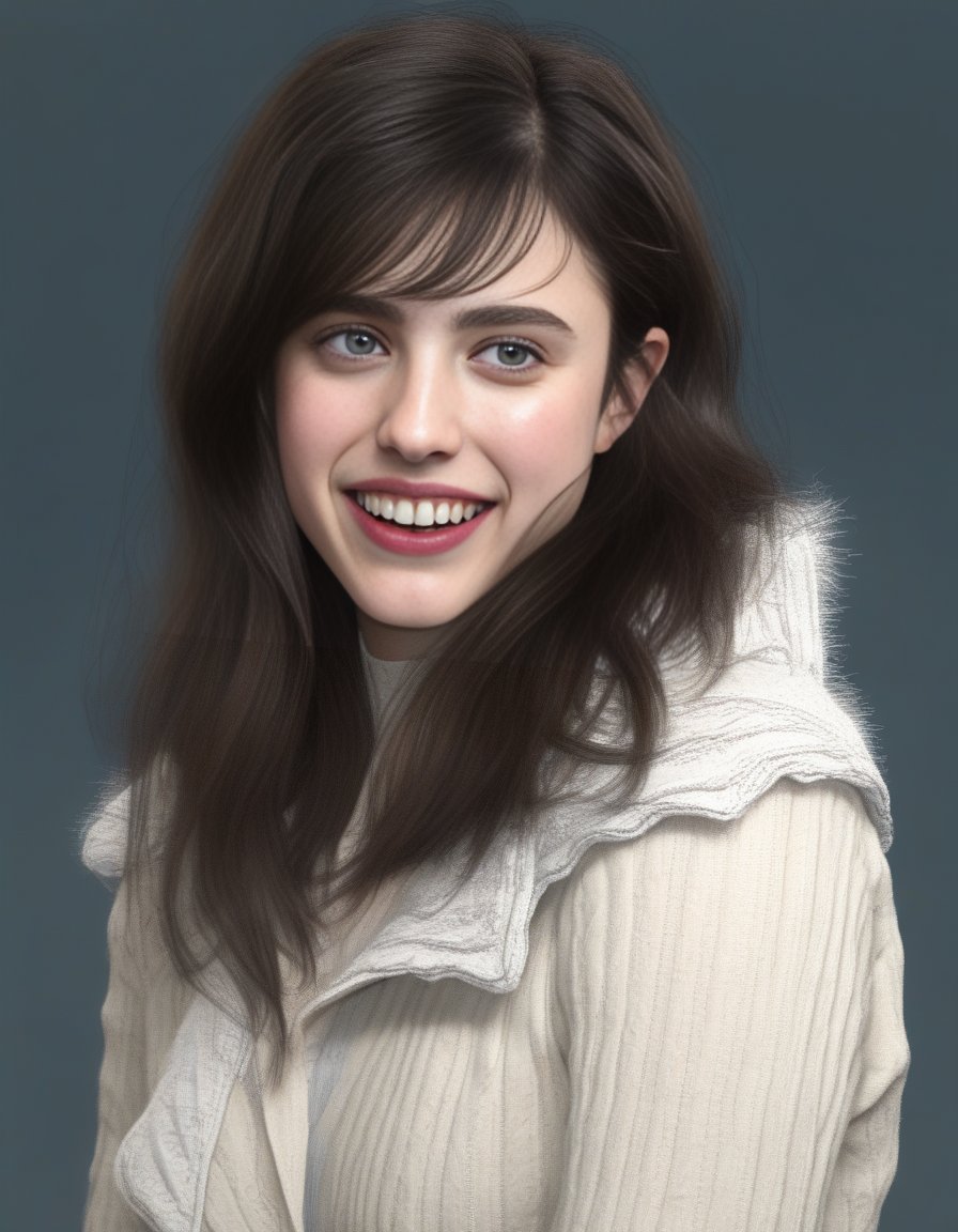 SarahMargaretQualley,<lora:SarahMargaretQualleySDXL:1>,A close-up portrait of a beautiful girl, smiling, with a Layered Shag with Bangs hair style,  winter dress, highly detailed, highly realistic, 12K