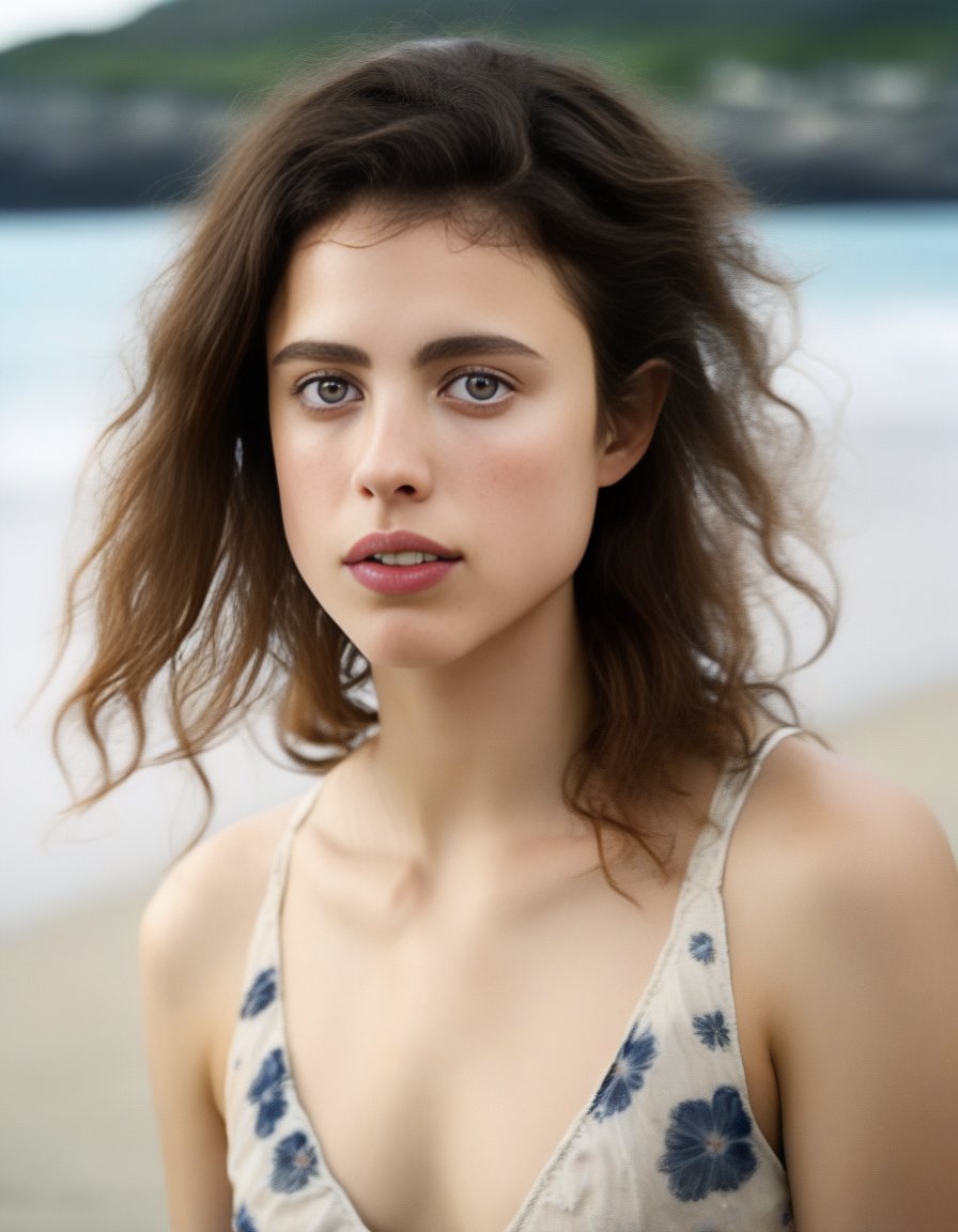 SarahMargaretQualley,<lora:SarahMargaretQualleySDXL:1>,A portrait of a woman with full, curly hair and fair, freckled skin. She has light-colored eyes and wears minimal makeup. Her expression is serene and self-assured. She is dressed in a blue and white floral V-neck dress. The setting suggests a beach atmosphere, with soft natural light enhancing her features.