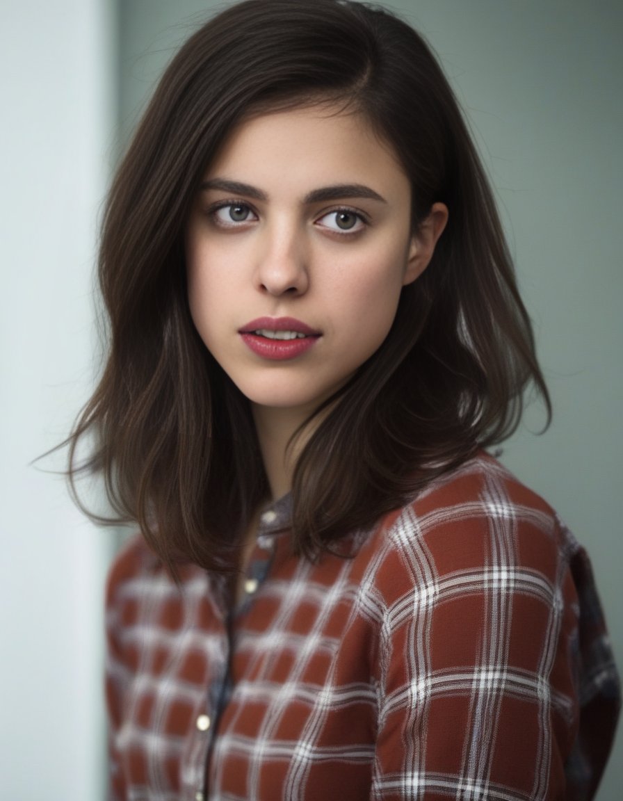 SarahMargaretQualley,<lora:SarahMargaretQualleySDXL:1>,A waist up portrait of a young beautiful (Scottish | French | Spanish | Pakistani ) girl, soft natural skin, long layered bob hair style, slim with curves,  tartan shirt,  highly details, soft lighting.