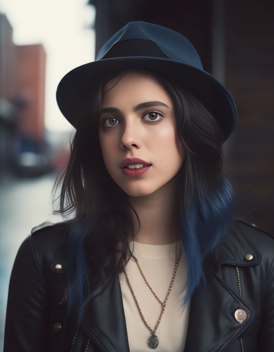 SarahMargaretQualley,<lora:SarahMargaretQualleySDXL:1>, Realistic photo of a beautiful  woman, 1girl, solo, long hair, hat, jewelry, blue hair, jacket, multicolored hair, necklace, bracelet, lips, realistic, fashion, soft lighting, professional Photography, Photorealistic, detailed, RAW, analog, sharp focus, 8k, HD, DSLR, high quality, Fujifilm XT3, film grain, award winning, masterpiece