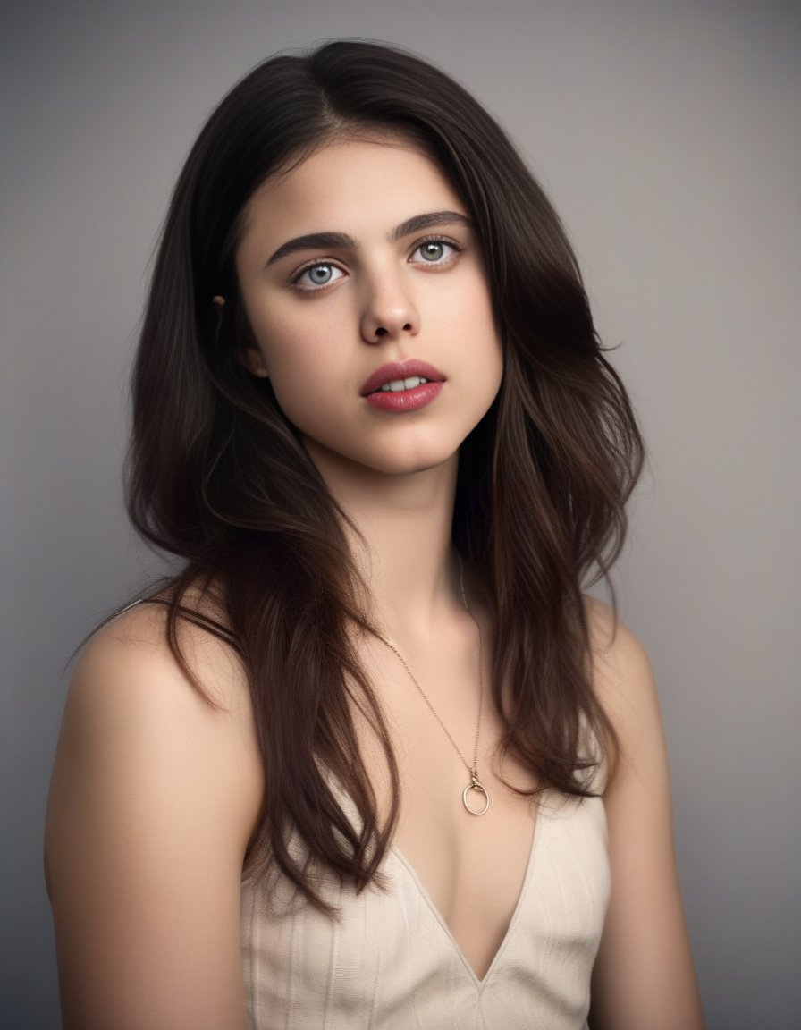 SarahMargaretQualley,<lora:SarahMargaretQualleySDXL:1>, Realistic photo of a beautiful  woman, 1girl, solo, long hair, brown hair, jewelry, necklace, lips, chair, ring, realistic, soft lighting, professional Photography, Photorealistic, detailed, RAW, analog, sharp focus, 8k, HD, DSLR, high quality, Fujifilm XT3, film grain, award winning, masterpiece