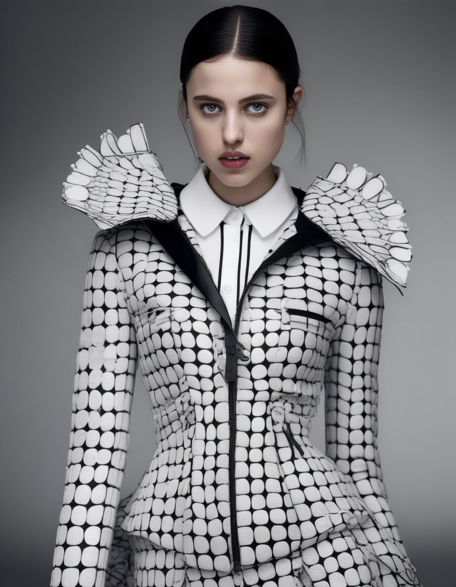 SarahMargaretQualley,<lora:SarahMargaretQualleySDXL:1>,An elegant female super model at London Fashion Week, wearing a costume designed by Thom Browne with design elements including 3D generative Voronoi artwork created by artificial intelligence black-white textile materials polarized.toplight lighting photographed with Sony A7 IV