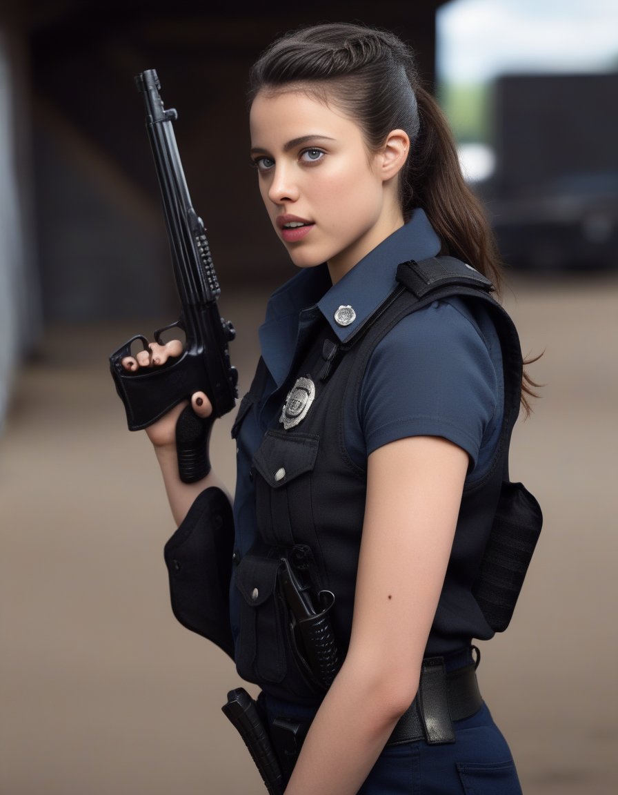 SarahMargaretQualley,<lora:SarahMargaretQualleySDXL:1>,photo,detailed background, stunning beauty, high quality photo, perfect composition, perfect details and textures, highly detailed, front view, looking at camera, perfect lighting, with a ponytail, with a bulletproof vest and a shotgun, policewoman