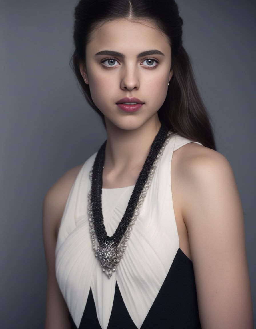 SarahMargaretQualley,<lora:SarahMargaretQualleySDXL:1>,Realistic photo of a beautiful woman, 1girl, solo, looking at viewer, (((black hair))), dress, jewelry, upper body, ponytail, earrings, necklace, lips, black background, backless outfit, realistic, soft lighting, professional Photography, Photorealistic, detailed, RAW, analog, sharp focus, 8k, HD, DSLR, high quality, Fujifilm XT3, film grain, award winning