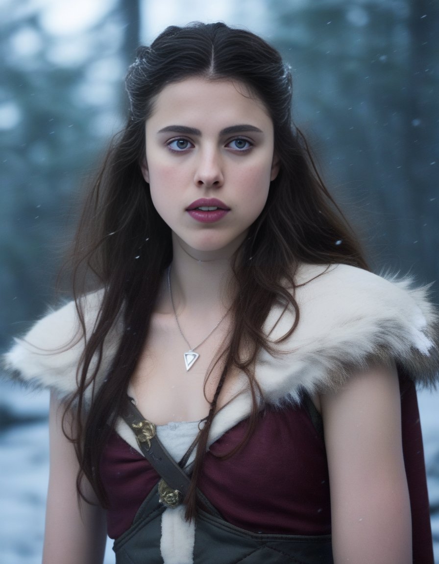 SarahMargaretQualley,<lora:SarahMargaretQualleySDXL:1>, photograph, Compelling athletic Female cosplaying as Freyja, Snowing, Iphone X, Low shutter