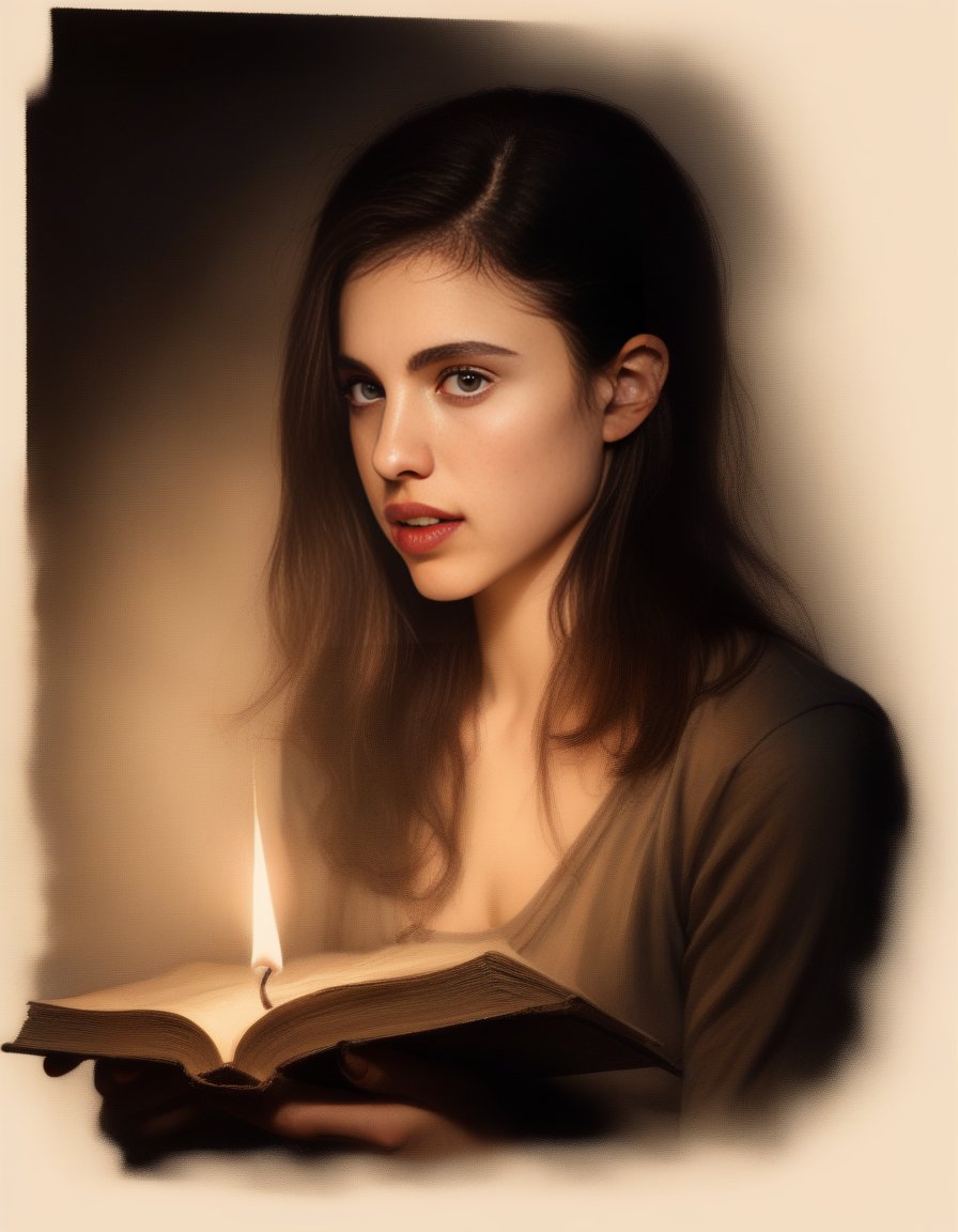 SarahMargaretQualley,<lora:SarahMargaretQualleySDXL:1>,A candlelit portrait, flames flickering across a woman's face, casting dancing shadows on a worn book open in her lap. (Intellectual pursuit, intimate atmosphere, secrets whispered by candlelight)