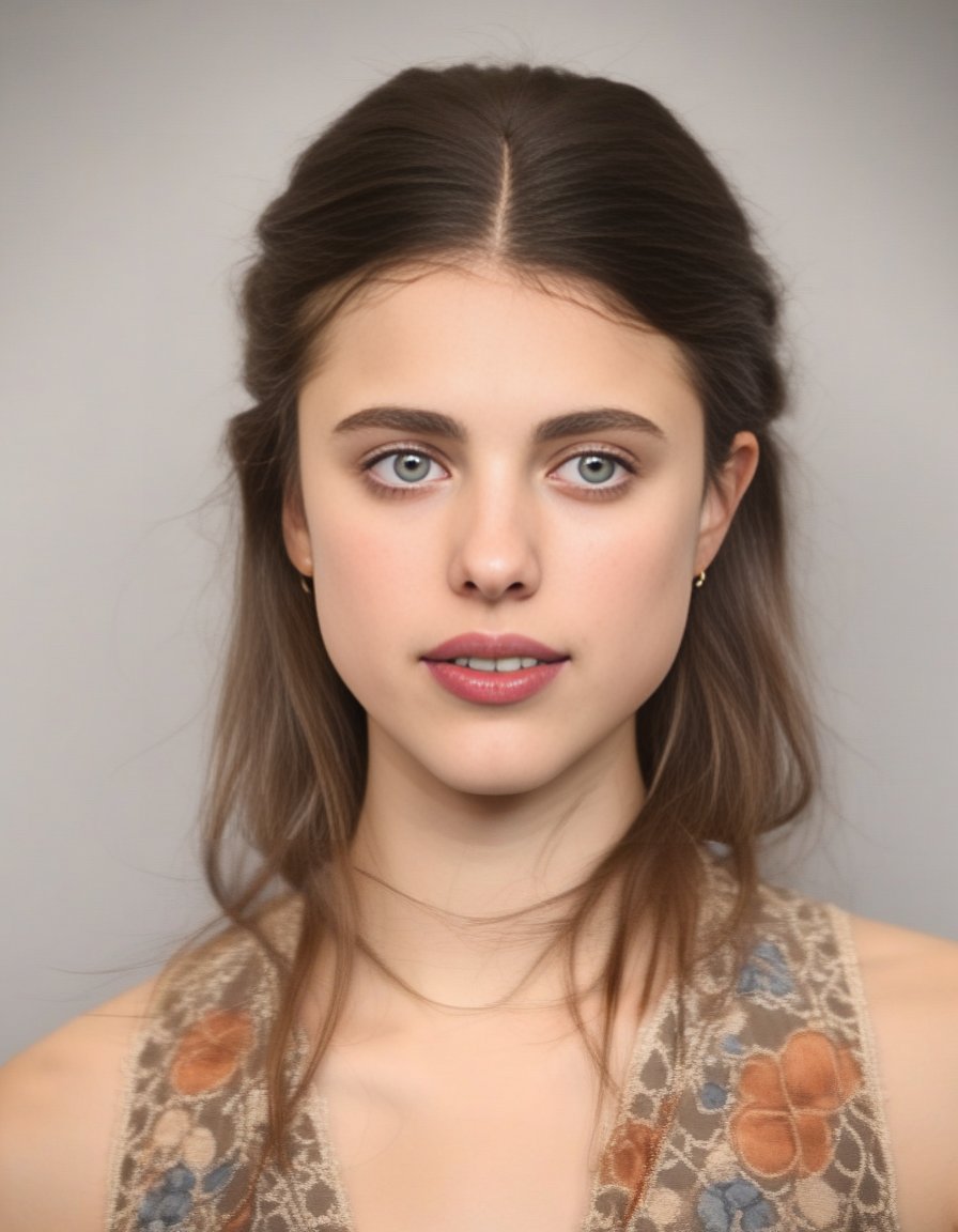 SarahMargaretQualley,<lora:SarahMargaretQualleySDXL:1>,A portrait of a woman with a natural and approachable look. Her long hair should have a blend of blonde highlights and brown tones, falling loosely around her shoulders. Her facial features include full lips, a straight nose, and large, almond-shaped eyes, all set in soft, luminous skin with a light blush on her cheeks. She should wear a patterned garment with a floral or paisley design in orange, blue, and beige. The lighting should be soft, creating gentle shadows that accentuate her features.