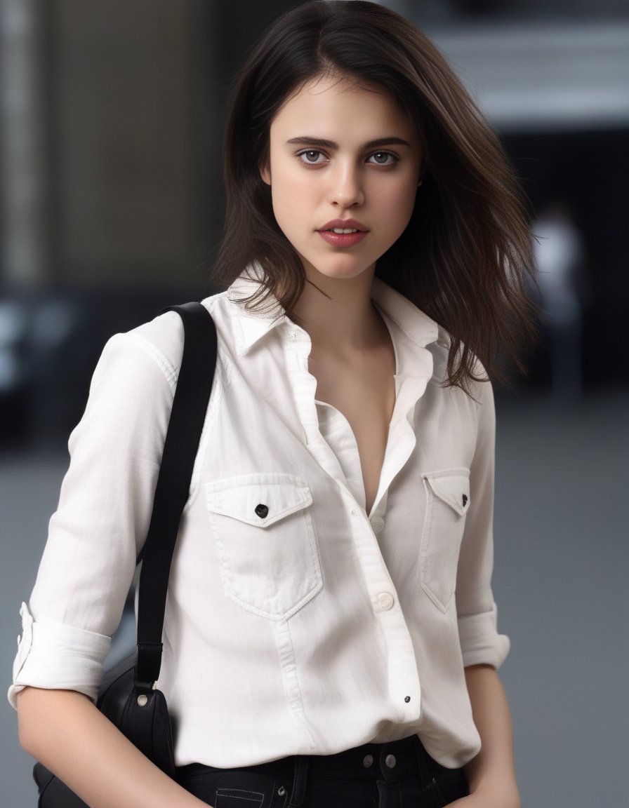 SarahMargaretQualley,<lora:SarahMargaretQualleySDXL:1>,An image of a young beautiful (Spanish|Turkish|german|french|Korean) girl, white denim shirt and black jeans, with a beautiful Asymmetrical Cut style  highly detailed, In the style of Alexander Averin