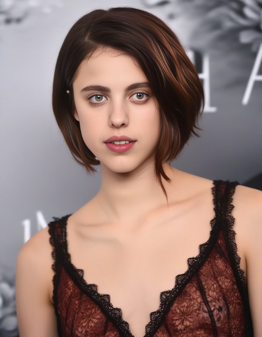 SarahMargaretQualley,<lora:SarahMargaretQualleySDXL:1>,An image of a woman with a side-parted, wavy burgundy bob haircut and brown eyes. Her fair skin is complemented with natural makeup. She wears a black lace top with a floral design over a rust-colored garment. The setting is a soft-focus urban backdrop, suggesting depth and atmosphere behind her. (((masterpiece)))