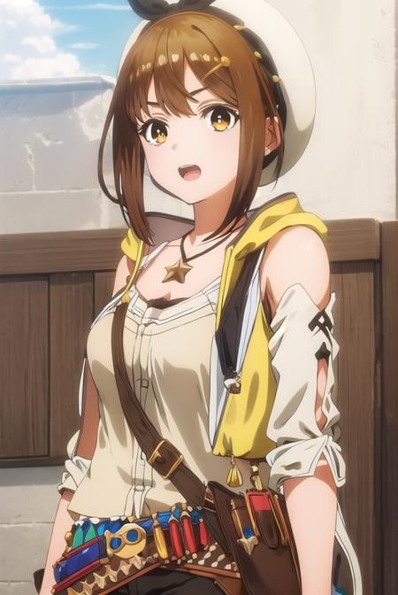 reisalinstout, <lora:reisalin stout s1-lora-nochekaiser:1>,reisalin stout, short hair, brown hair, hair ornament, (brown eyes:1.5), hairclip, smile, open mouth,BREAK thighhighs, gloves, hat, jewelry, jacket, thighs, shorts, belt, necklace, star \(symbol\), short shorts, white headwear, brown gloves, single glove, yellow jacket, red shorts, leather, sleeveless jacket, star necklace, leather gloves,BREAK outdoors,BREAK looking at viewer, (cowboy shot:1.5),BREAK <lyco:GoodHands-beta2:1>, (masterpiece:1.2), best quality, high resolution, unity 8k wallpaper, (illustration:0.8), (beautiful detailed eyes:1.6), extremely detailed face, perfect lighting, extremely detailed CG, (perfect hands, perfect anatomy),