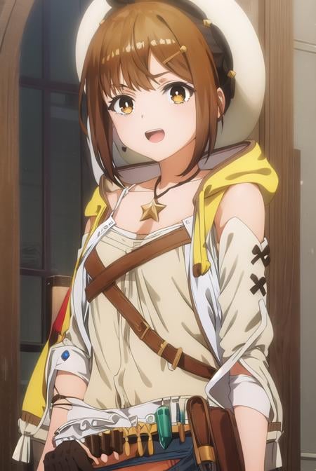 reisalinstout, <lora:reisalin stout s1-lora-nochekaiser:1>,reisalin stout, short hair, brown hair, hair ornament, (brown eyes:1.5), hairclip, smile, open mouth,BREAK thighhighs, gloves, hat, jewelry, jacket, thighs, shorts, belt, necklace, star \(symbol\), short shorts, white headwear, brown gloves, single glove, yellow jacket, red shorts, leather, sleeveless jacket, star necklace, leather gloves,BREAK outdoors,BREAK looking at viewer, (cowboy shot:1.5),BREAK <lyco:GoodHands-beta2:1>, (masterpiece:1.2), best quality, high resolution, unity 8k wallpaper, (illustration:0.8), (beautiful detailed eyes:1.6), extremely detailed face, perfect lighting, extremely detailed CG, (perfect hands, perfect anatomy),