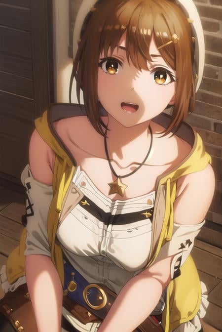 reisalinstout, <lora:reisalin stout s1-lora-nochekaiser:1>,reisalin stout, short hair, brown hair, hair ornament, (brown eyes:1.5), hairclip, smile, open mouth,BREAK thighhighs, gloves, hat, jewelry, jacket, thighs, shorts, belt, necklace, star \(symbol\), short shorts, white headwear, brown gloves, single glove, yellow jacket, red shorts, leather, sleeveless jacket, star necklace, leather gloves,BREAK outdoors,BREAK looking at viewer, (cowboy shot:1.5),BREAK <lyco:GoodHands-beta2:1>, (masterpiece:1.2), best quality, high resolution, unity 8k wallpaper, (illustration:0.8), (beautiful detailed eyes:1.6), extremely detailed face, perfect lighting, extremely detailed CG, (perfect hands, perfect anatomy),