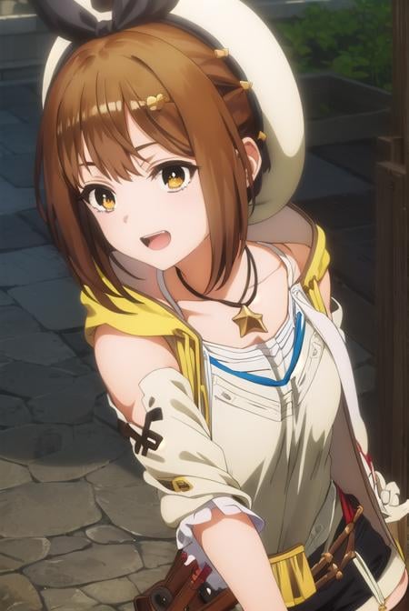 reisalinstout, <lora:reisalin stout s1-lora-nochekaiser:1>,reisalin stout, short hair, brown hair, hair ornament, (brown eyes:1.5), hairclip, smile, open mouth,BREAK thighhighs, gloves, hat, jewelry, jacket, thighs, shorts, belt, necklace, star \(symbol\), short shorts, white headwear, brown gloves, single glove, yellow jacket, red shorts, leather, sleeveless jacket, star necklace, leather gloves,BREAK outdoors,BREAK looking at viewer, (cowboy shot:1.5),BREAK <lyco:GoodHands-beta2:1>, (masterpiece:1.2), best quality, high resolution, unity 8k wallpaper, (illustration:0.8), (beautiful detailed eyes:1.6), extremely detailed face, perfect lighting, extremely detailed CG, (perfect hands, perfect anatomy),