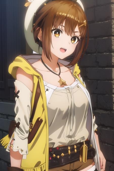 reisalinstout, <lora:reisalin stout s1-lora-nochekaiser:1>,reisalin stout, short hair, brown hair, hair ornament, (brown eyes:1.5), hairclip, smile, open mouth,BREAK thighhighs, gloves, hat, jewelry, jacket, thighs, shorts, belt, necklace, star \(symbol\), short shorts, white headwear, brown gloves, single glove, yellow jacket, red shorts, leather, sleeveless jacket, star necklace, leather gloves,BREAK outdoors,BREAK looking at viewer, (cowboy shot:1.5),BREAK <lyco:GoodHands-beta2:1>, (masterpiece:1.2), best quality, high resolution, unity 8k wallpaper, (illustration:0.8), (beautiful detailed eyes:1.6), extremely detailed face, perfect lighting, extremely detailed CG, (perfect hands, perfect anatomy),