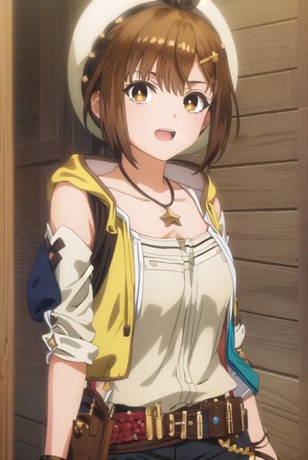 reisalinstout, <lora:reisalin stout s1-lora-nochekaiser:1>,reisalin stout, short hair, brown hair, hair ornament, (brown eyes:1.5), hairclip, smile, open mouth,BREAK thighhighs, gloves, hat, jewelry, jacket, thighs, shorts, belt, necklace, star \(symbol\), short shorts, white headwear, brown gloves, single glove, yellow jacket, red shorts, leather, sleeveless jacket, star necklace, leather gloves,BREAK outdoors,BREAK looking at viewer, (cowboy shot:1.5),BREAK <lyco:GoodHands-beta2:1>, (masterpiece:1.2), best quality, high resolution, unity 8k wallpaper, (illustration:0.8), (beautiful detailed eyes:1.6), extremely detailed face, perfect lighting, extremely detailed CG, (perfect hands, perfect anatomy),