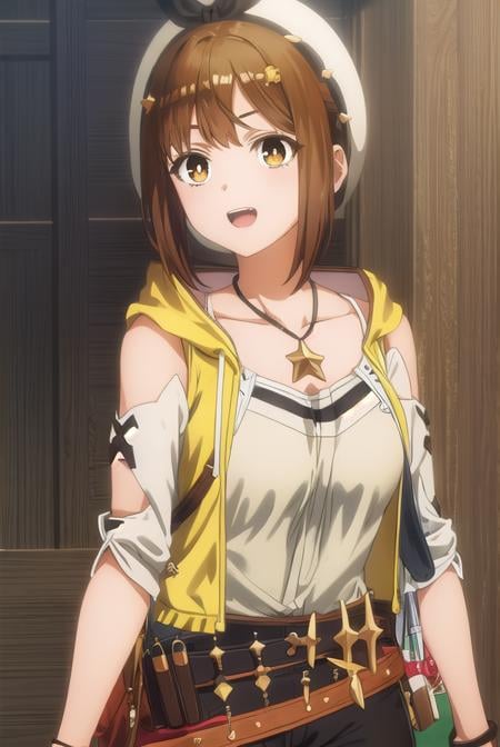 reisalinstout, <lora:reisalin stout s1-lora-nochekaiser:1>,reisalin stout, short hair, brown hair, hair ornament, (brown eyes:1.5), hairclip, smile, open mouth,BREAK thighhighs, gloves, hat, jewelry, jacket, thighs, shorts, belt, necklace, star \(symbol\), short shorts, white headwear, brown gloves, single glove, yellow jacket, red shorts, leather, sleeveless jacket, star necklace, leather gloves,BREAK outdoors,BREAK looking at viewer, (cowboy shot:1.5),BREAK <lyco:GoodHands-beta2:1>, (masterpiece:1.2), best quality, high resolution, unity 8k wallpaper, (illustration:0.8), (beautiful detailed eyes:1.6), extremely detailed face, perfect lighting, extremely detailed CG, (perfect hands, perfect anatomy),